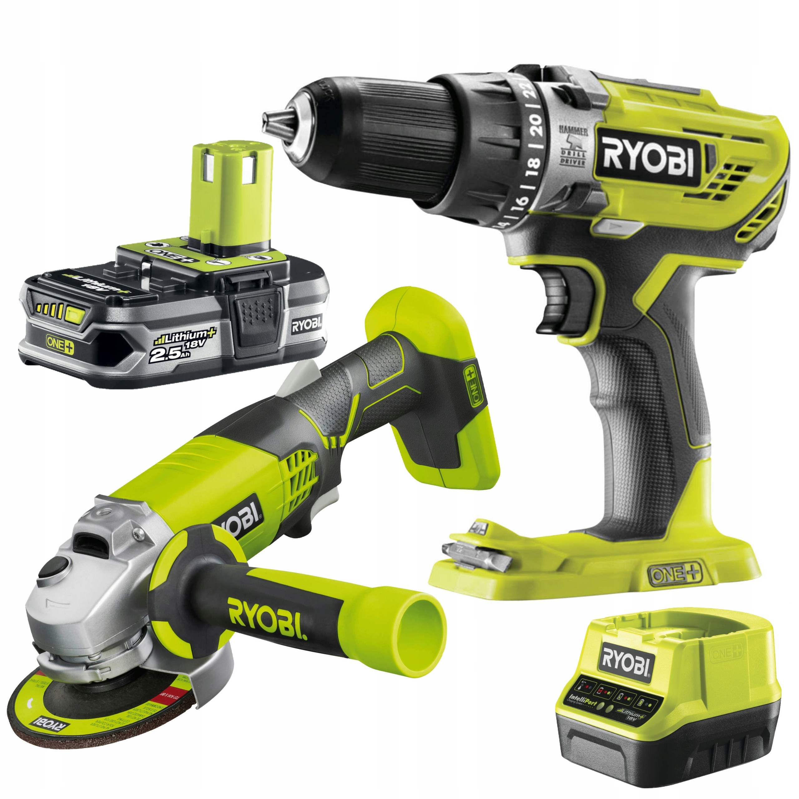 Vrtačka A Aku Šroubovák Ryobi Příklep 50Nm R18PD3 Bruska R18AG 2,5AH.