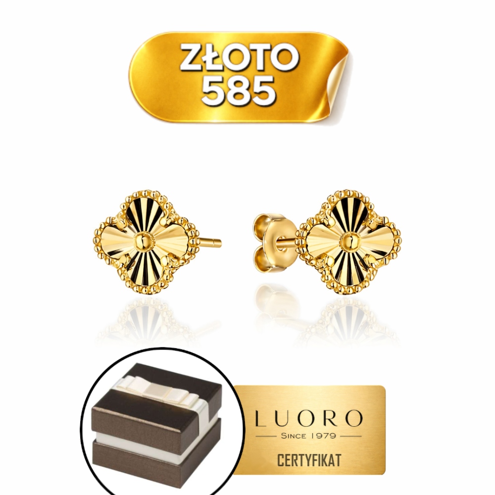 Náušnice Zlaté 585 14K Diamantová Čtyřlístek 1 CM 1 CM Krabička Dárek