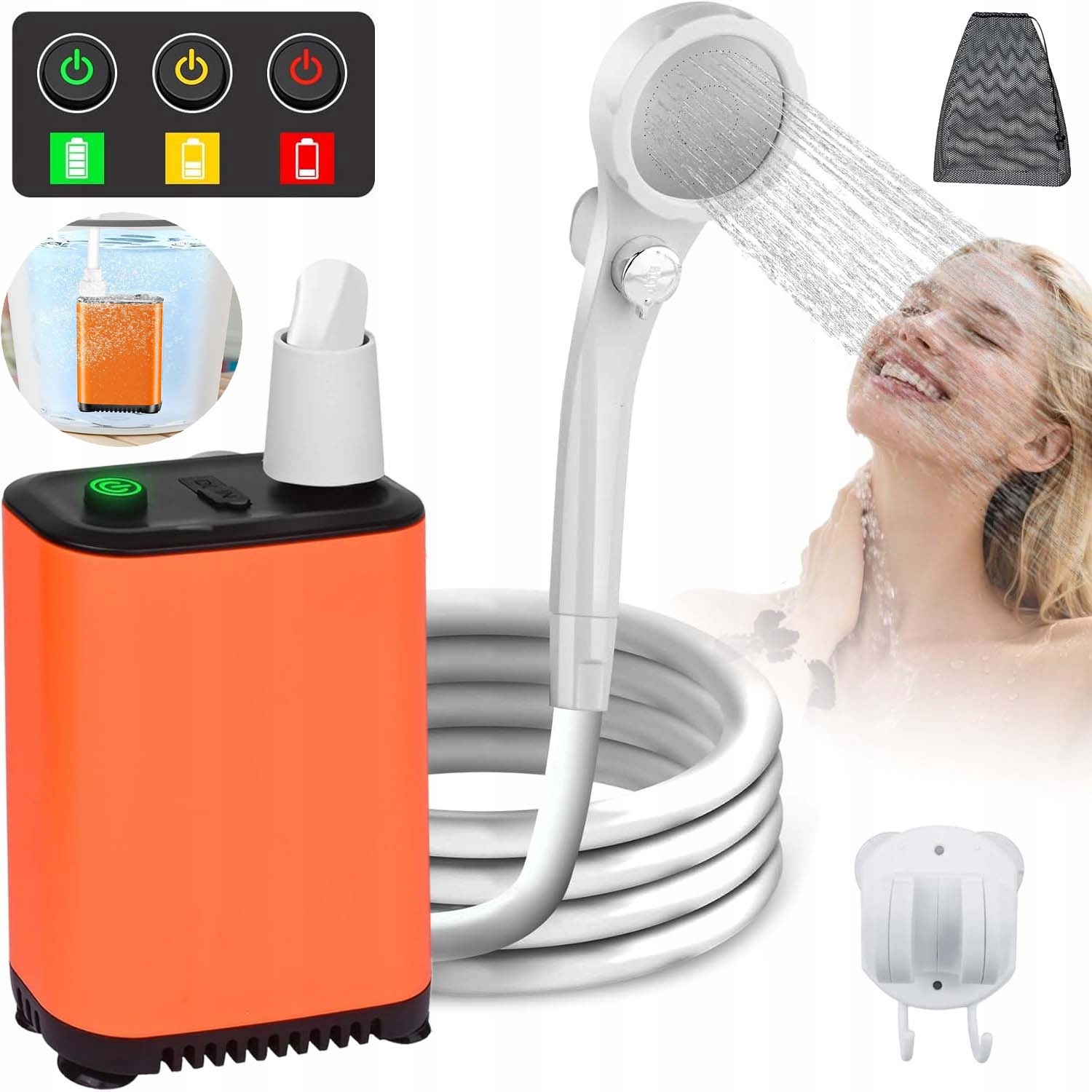 Turystyczny Przenośny Prysznic Akumulatorowy Kempingowy Pompa 2600MAH Z Led
