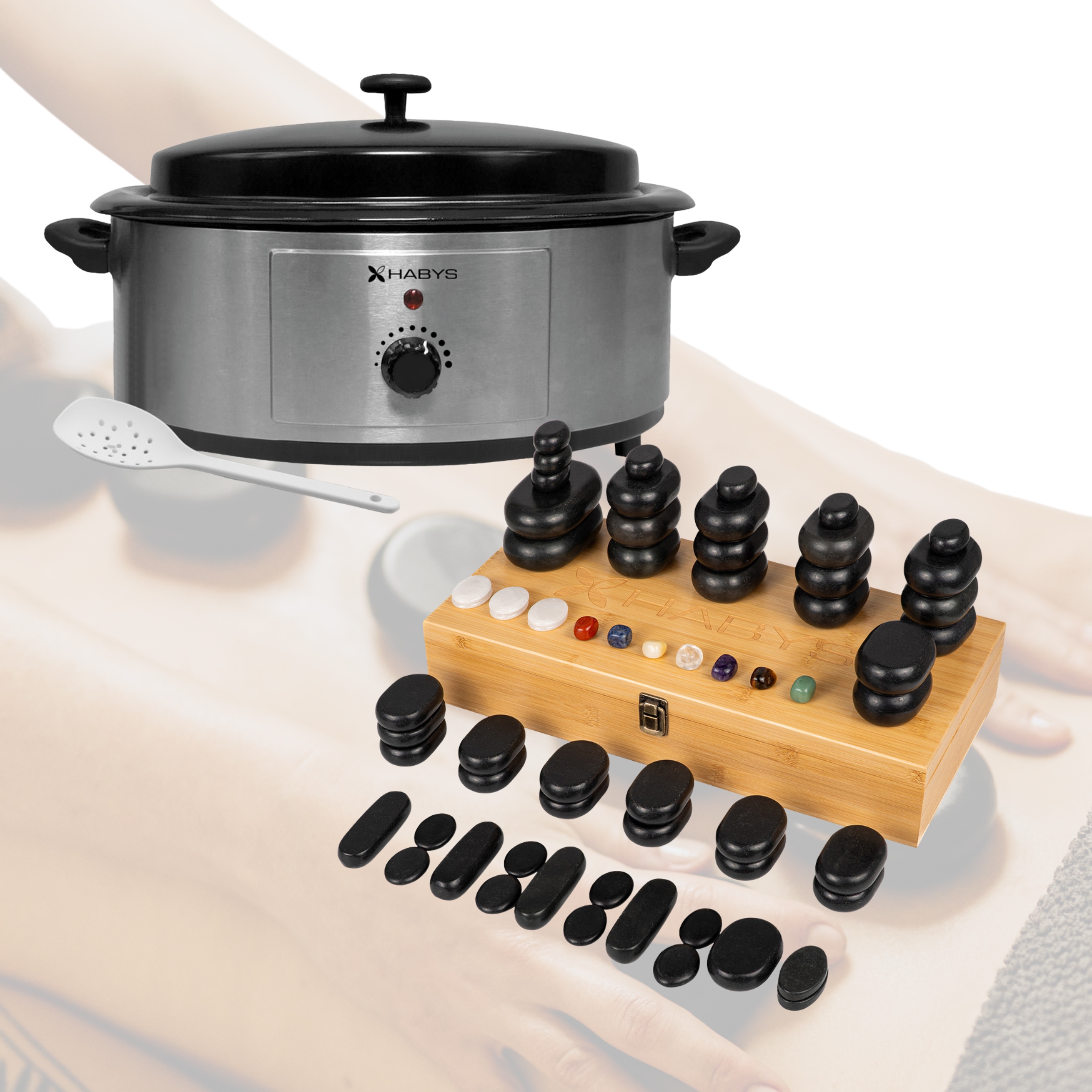 Zestaw Kamieni Bazaltowych Do Masażu 64x Hot Stones Podgrzewacz 6L Analog