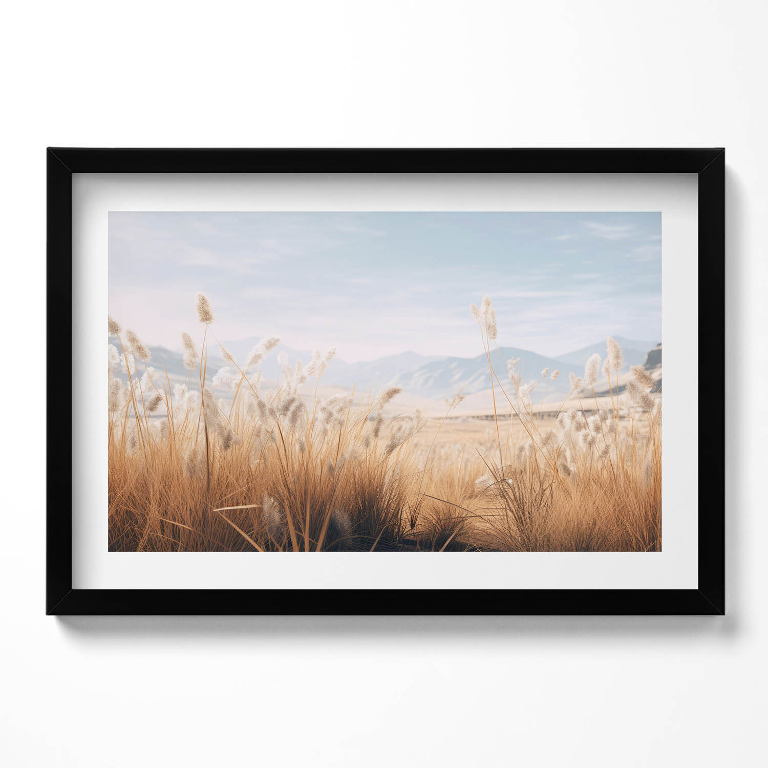 Obraz grafika v rámečku Romantická krajina trávy a hor v boho stylu 60x40 cm