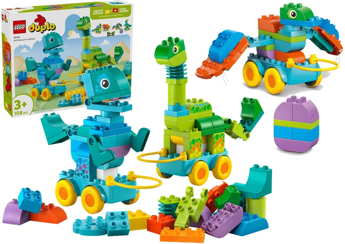 108 dílků stavebnice Lego Duplo 3v1 Dinosauři na kolečkách 10451