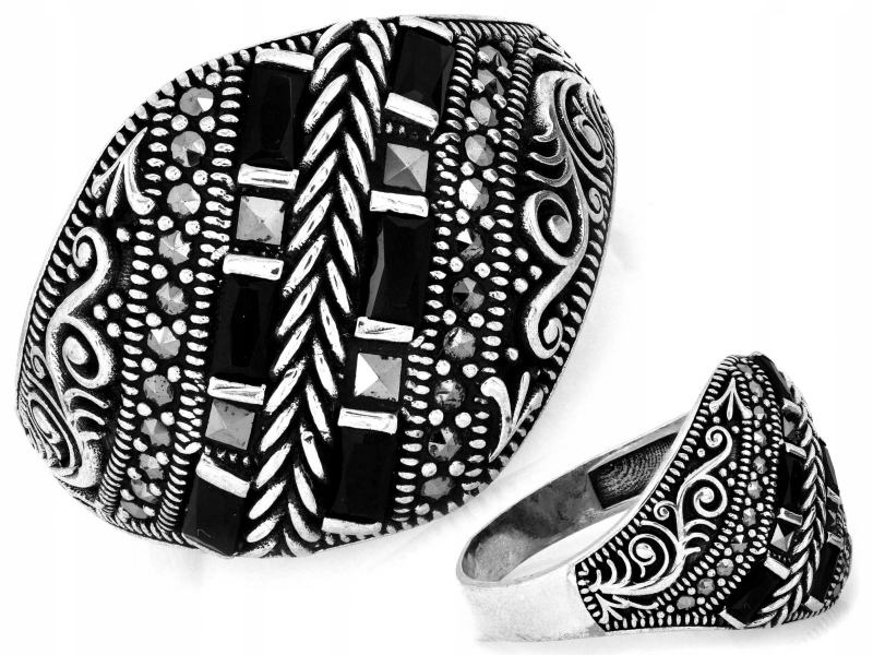 Elegantní velký stříbrný prsten r27 s onyxovými markýzami, 6.05 g dárek