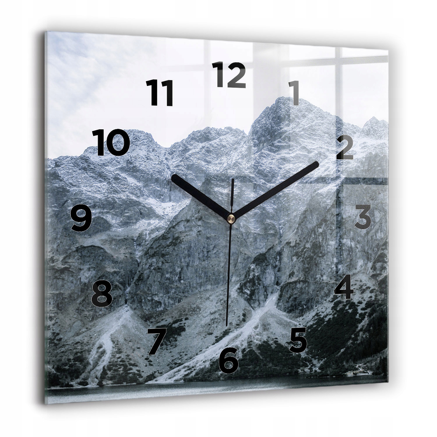 Velké čtvercové skleněné hodiny do bytu Mořské oko v Tatrách 60x60 cm