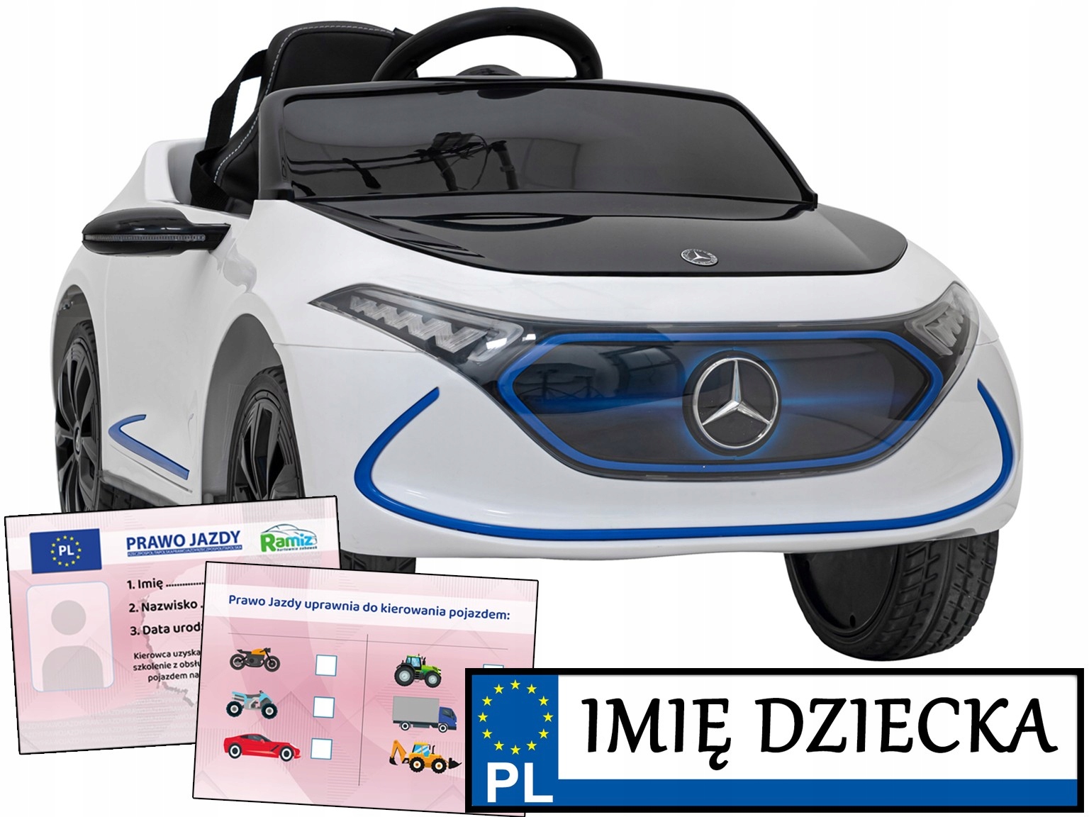 autko dla dzieci Mercedes Benz Amg Eqa tablica imienna Prawo Jazdy