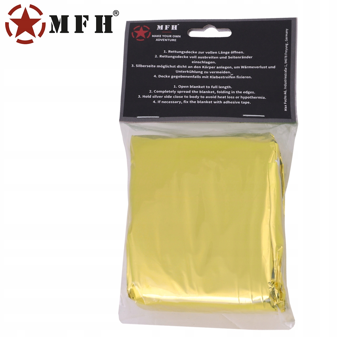 KOC TERMICZNY RATUNKOWY FOLIA ŻYCIA NRC 213X132 cm MFH SREBRNO ZŁOTA Wysokość 254 cm