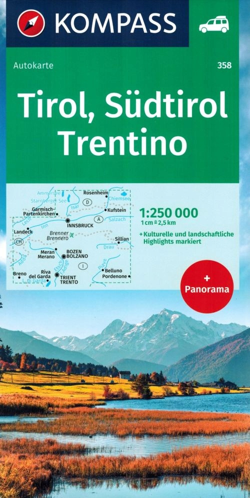 Tyrol, Tylrol Południowy, Trydent Mapa 358 Kompass