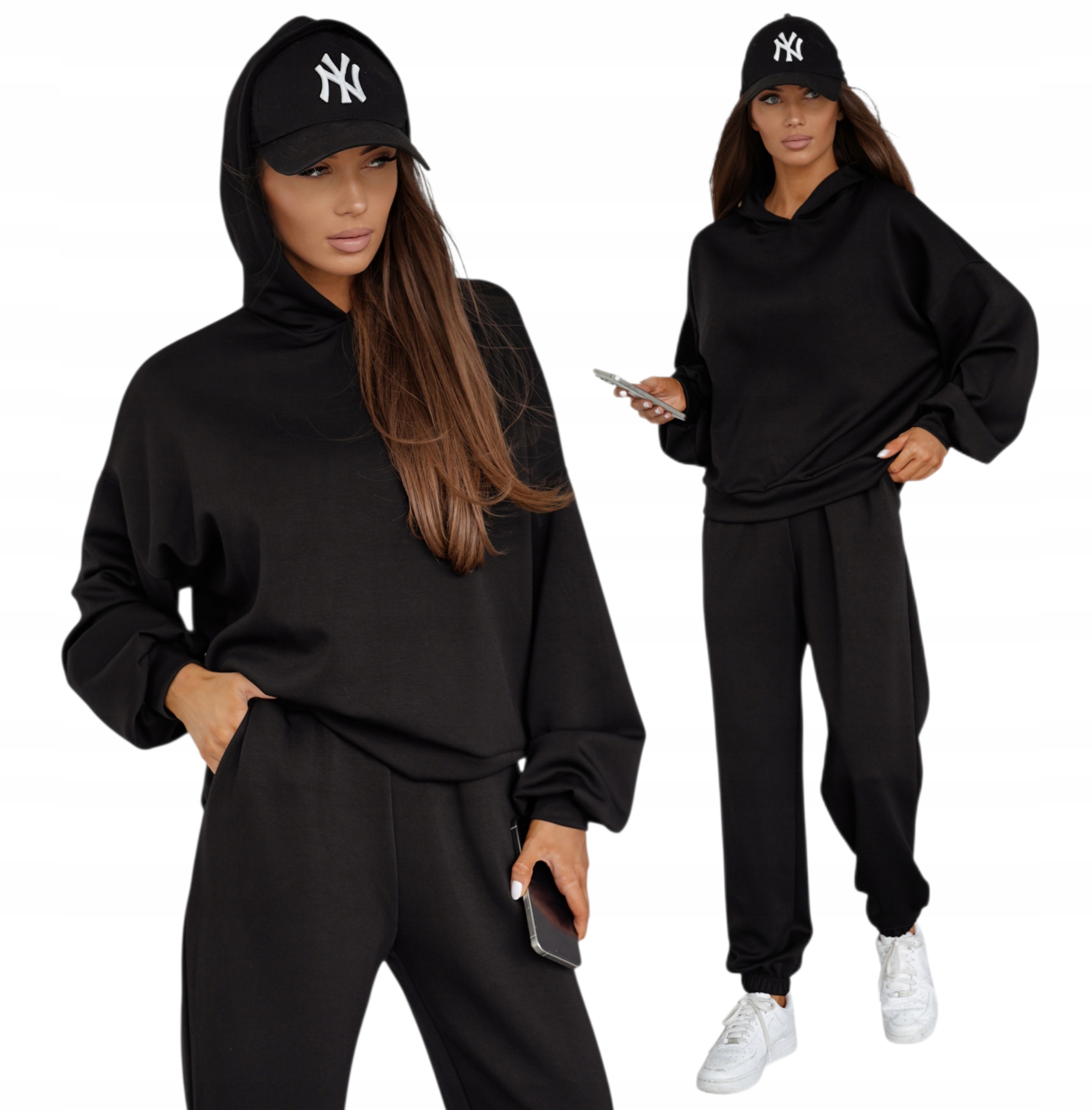 Stylový Tepláková Souprava Basic Mikina S Kapucí Viskóza vel. L XL Černá