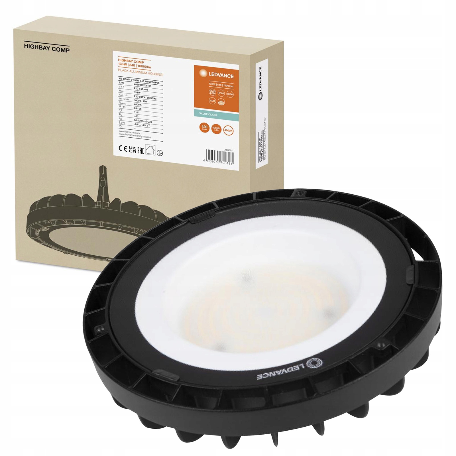 Led lampa Priemyselné svietidlo 133W 16000lm 6500K čierna IP65 IK06 High Bay
