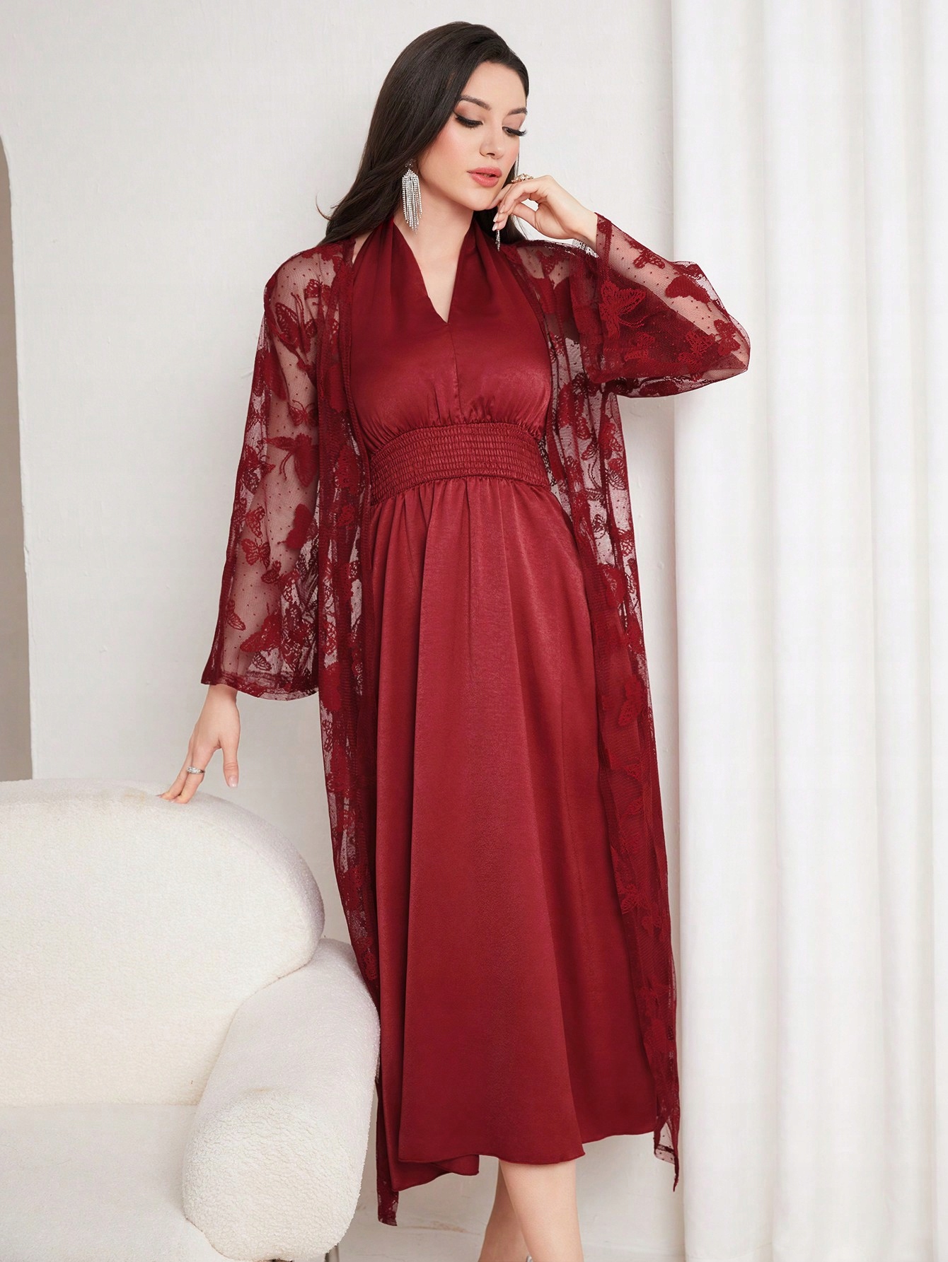 Šaty Elegantní Sukně S Přehozem Burgundská Maxi Shein M 38