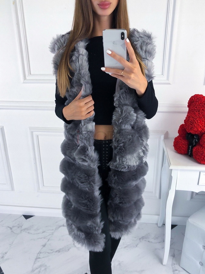 KAMIZELKA FUTRZANA DŁUGA FUTRO SZARA Kaptur bez kaptura