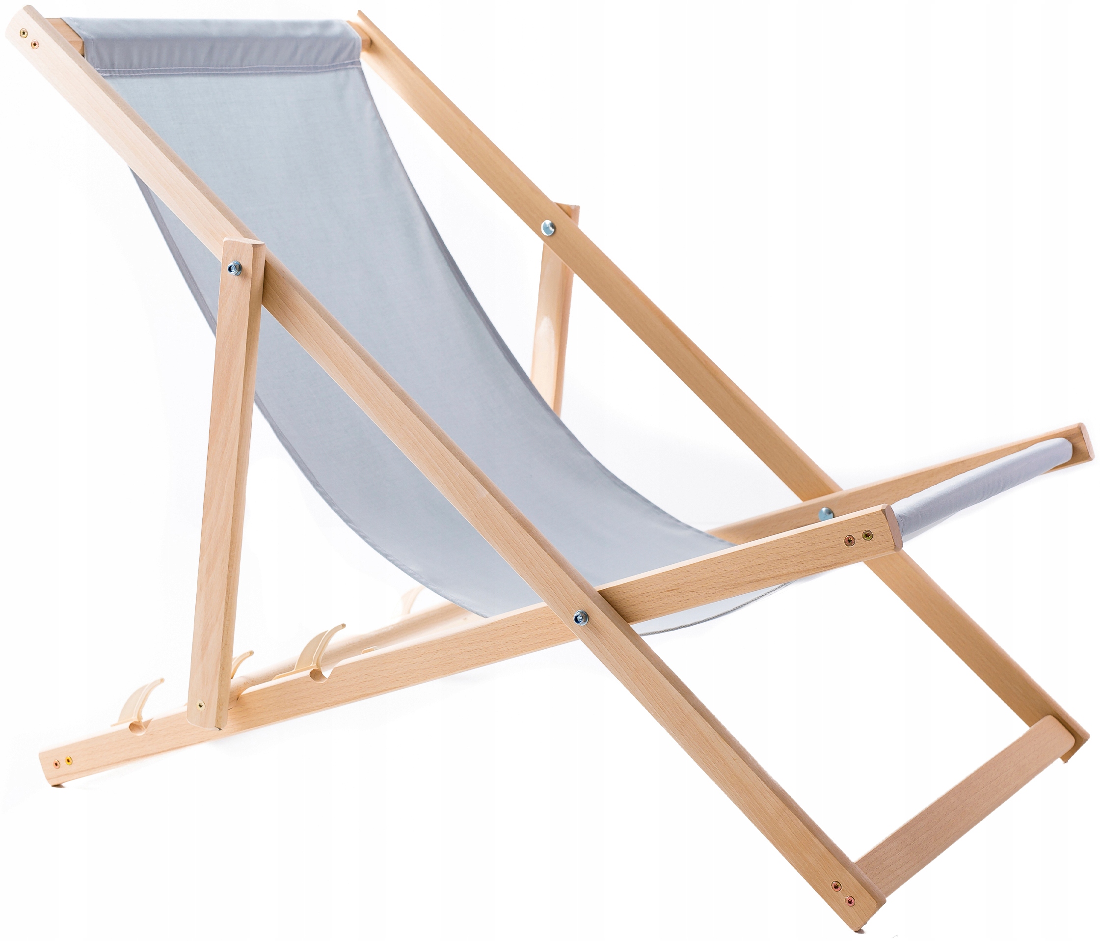 Leżak Plażowy Ogrodowy Drewniany Składany Mocny Woodok Tkanina Jasno-szara