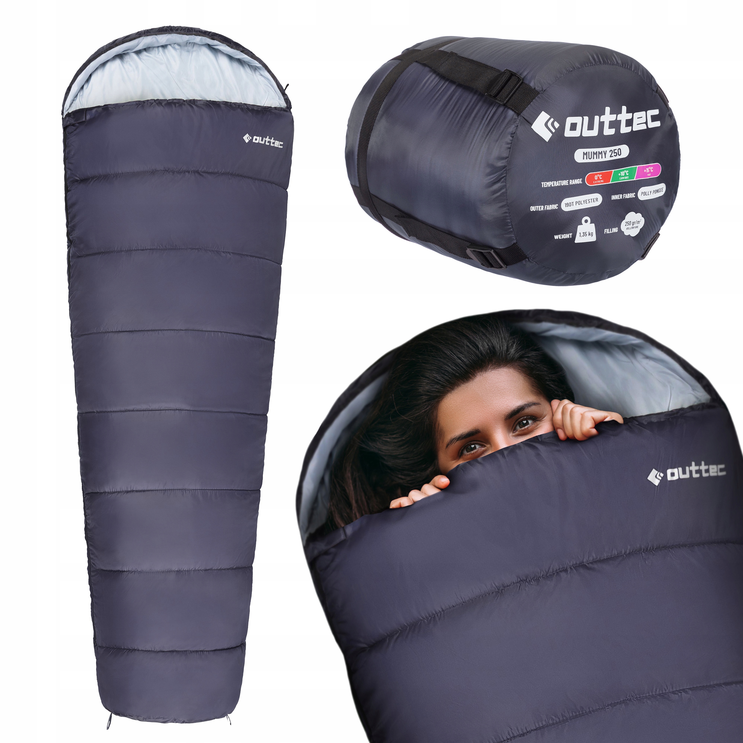 Śpiwór Turystyczny Lekki Z Kapturem Mumia Ciepły Całoroczny Outtec