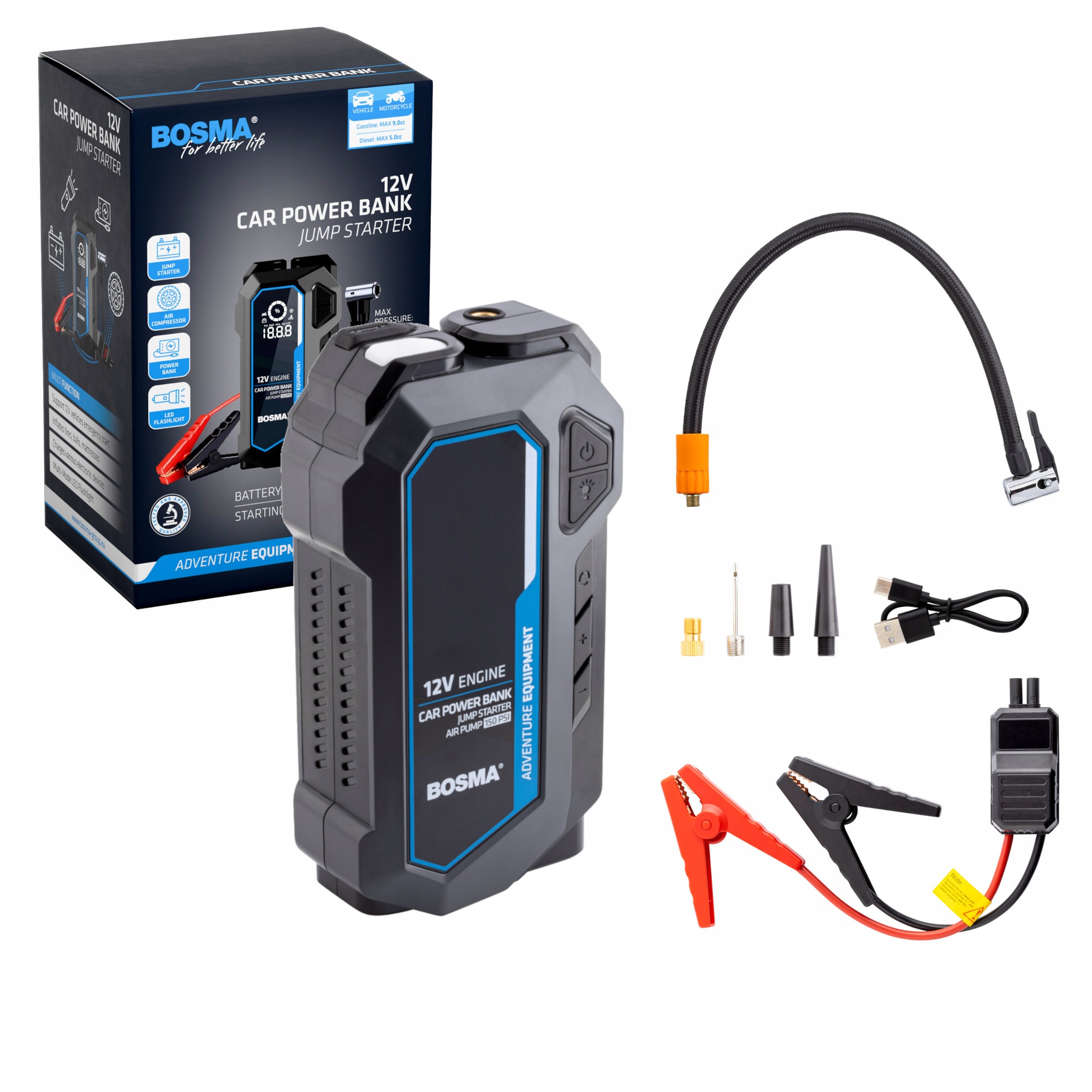 Bosma Powerbank 16000 mAh Z Funkcją Rozruchu I Kompresorem 3W1