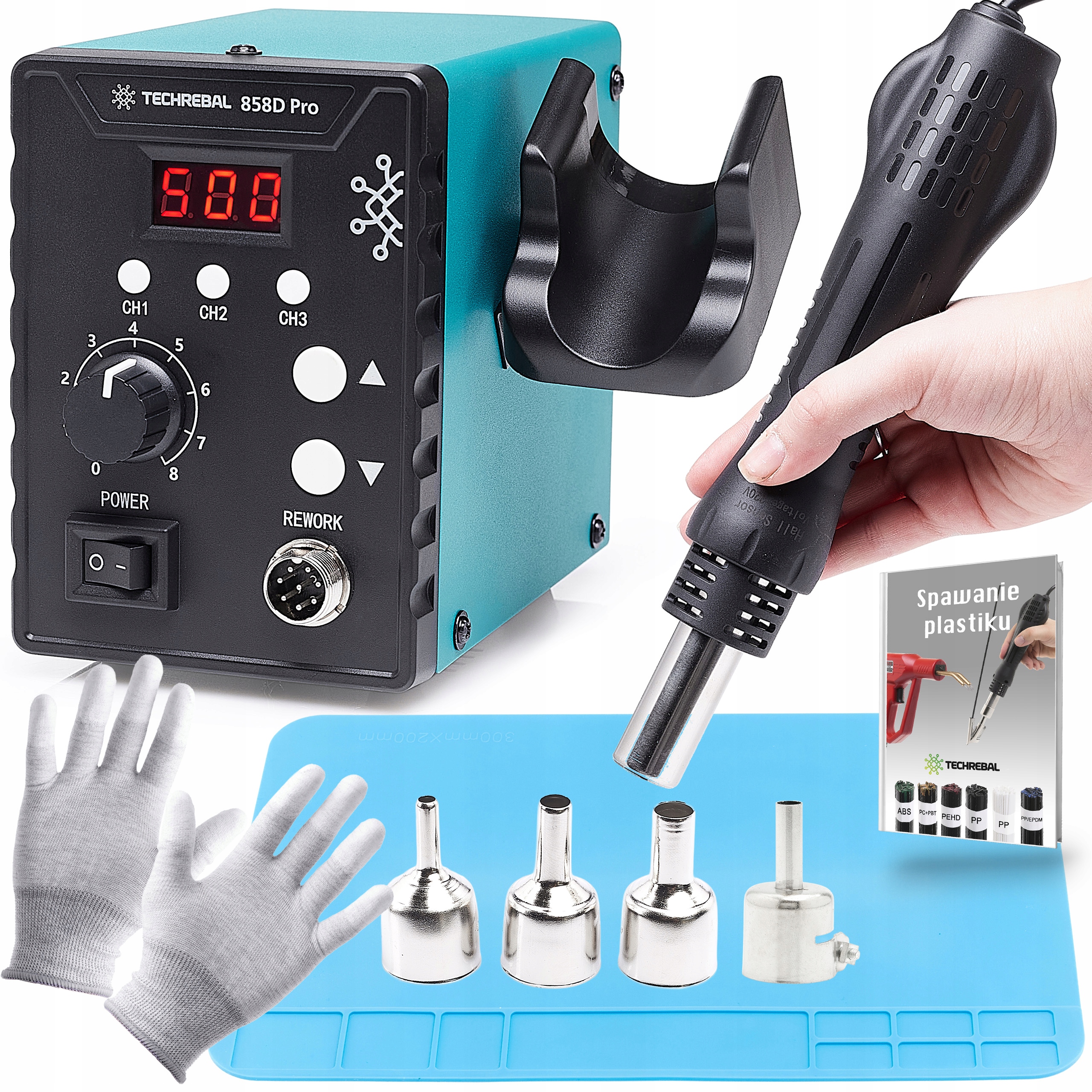 Stacja Lutownicza Spawarka Hot-air 858D 100-500°C Techrebal Zestaw