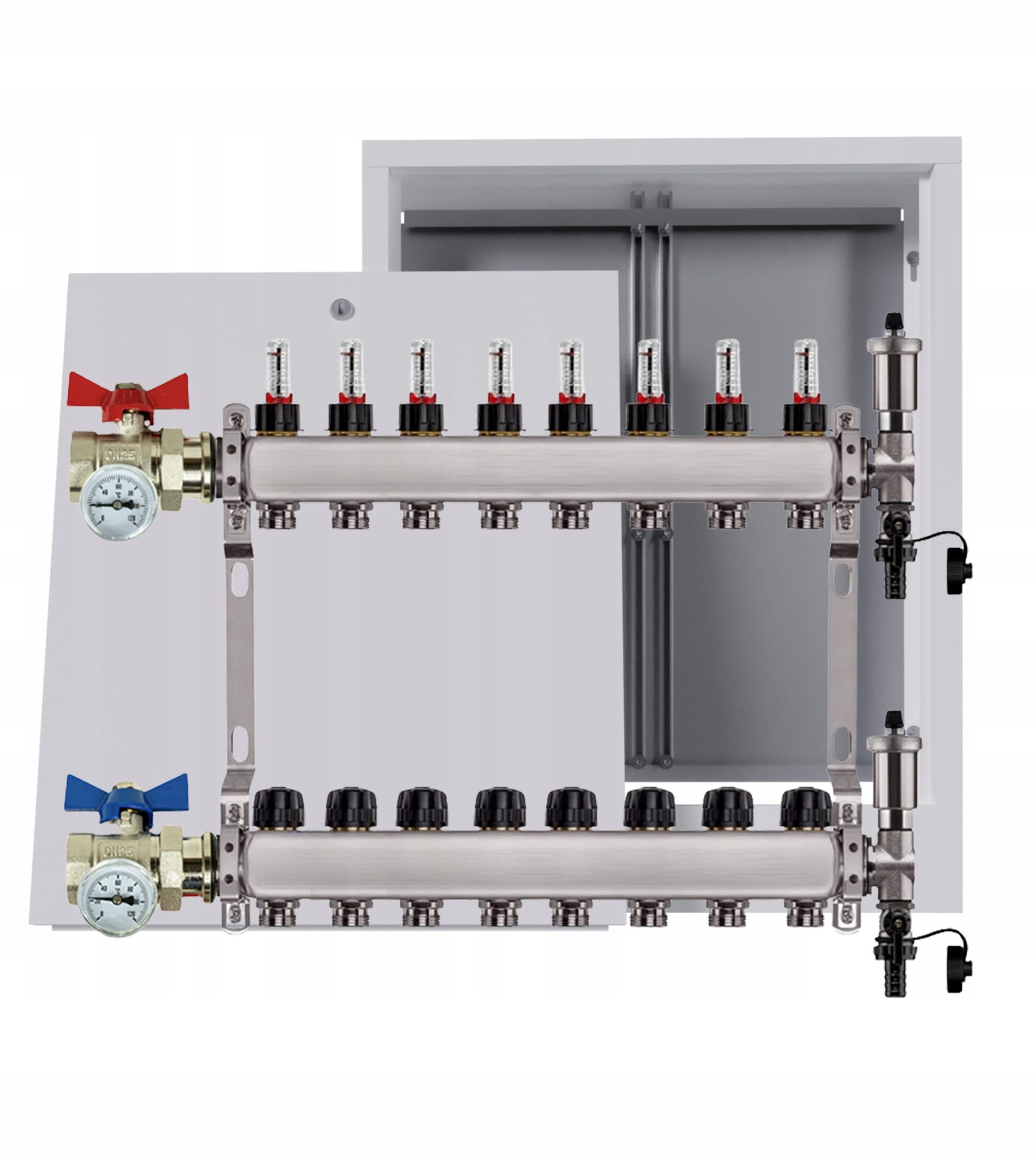 Nerezový rozdělovač podlah 8 okruhů nástěnná skříňka ventily