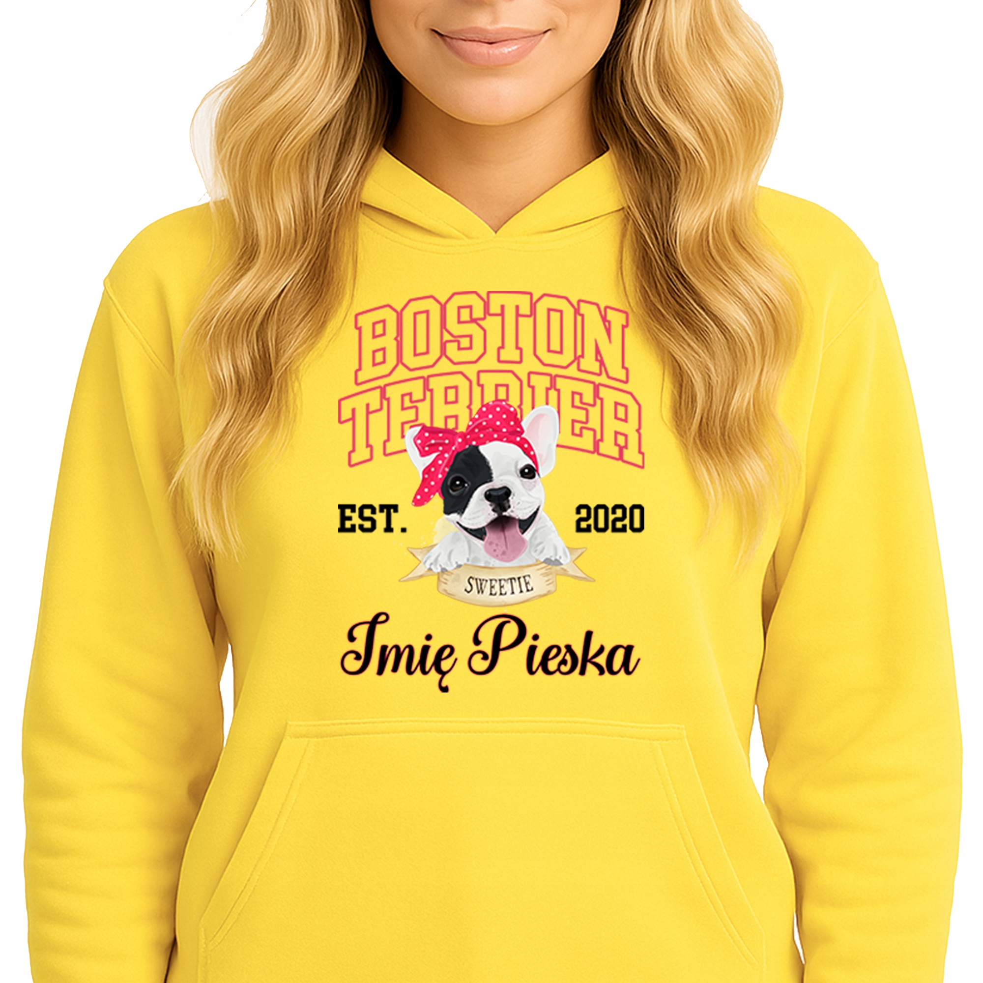 Mikina S Kapucí Žlutá bavlněná mikina Módní Boston Terrier Jméno Psa M