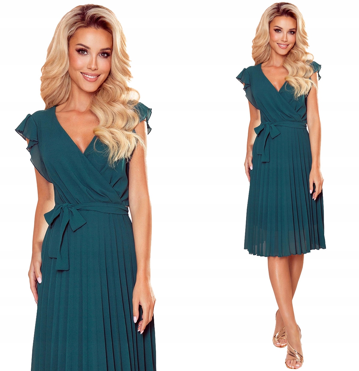 Šifonová Plisovaná Šaty S Volánky Bez Rukávů Lahvově Zelená Barva XL