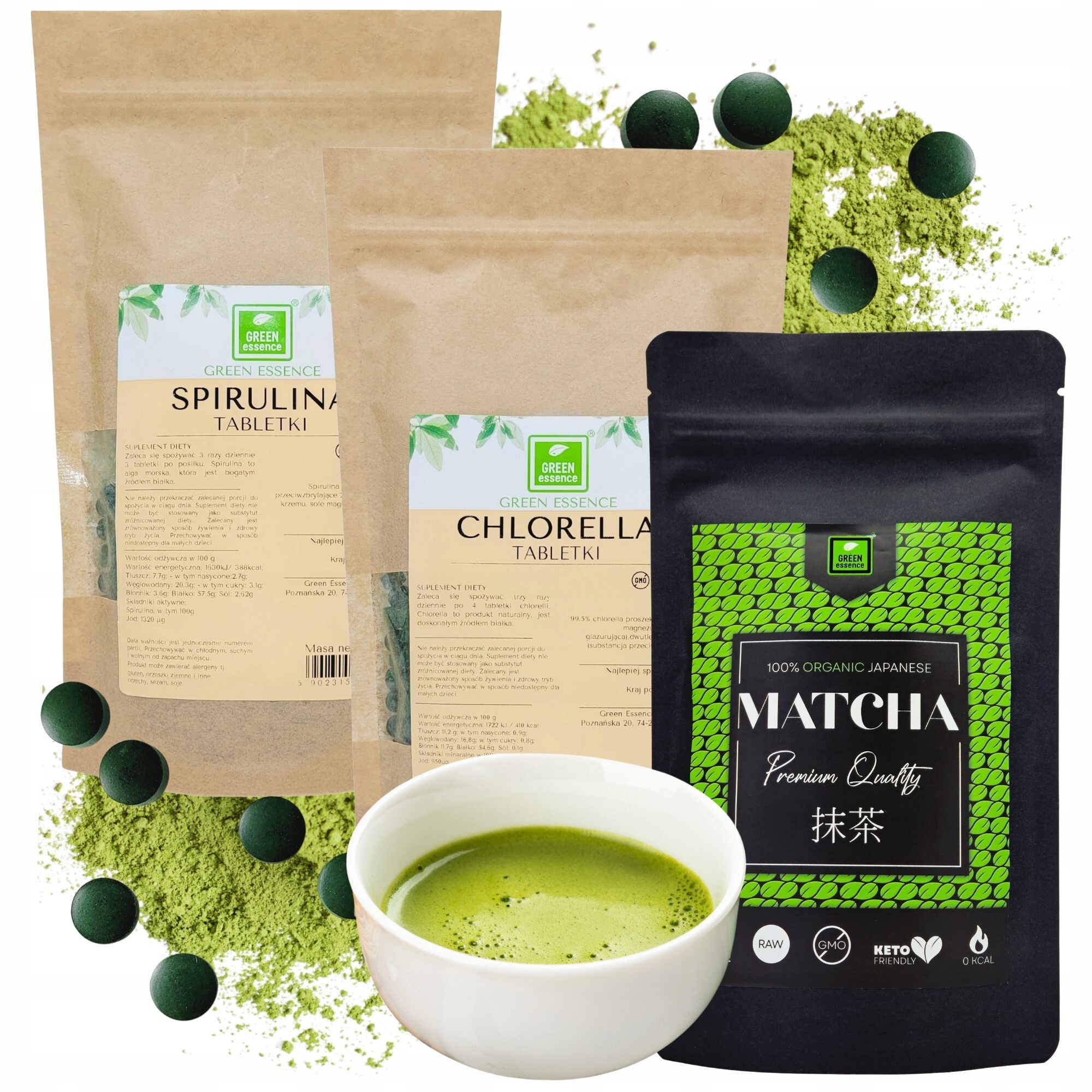 Matcha Spirulina Chlorella sada superpotravin japonské mořské řasy tablety