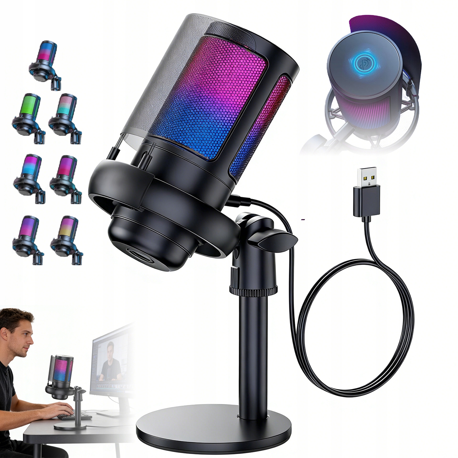 Usb Kardioidní Mikrofon Rgb Pro Nahrávání Podcastů, Černý
