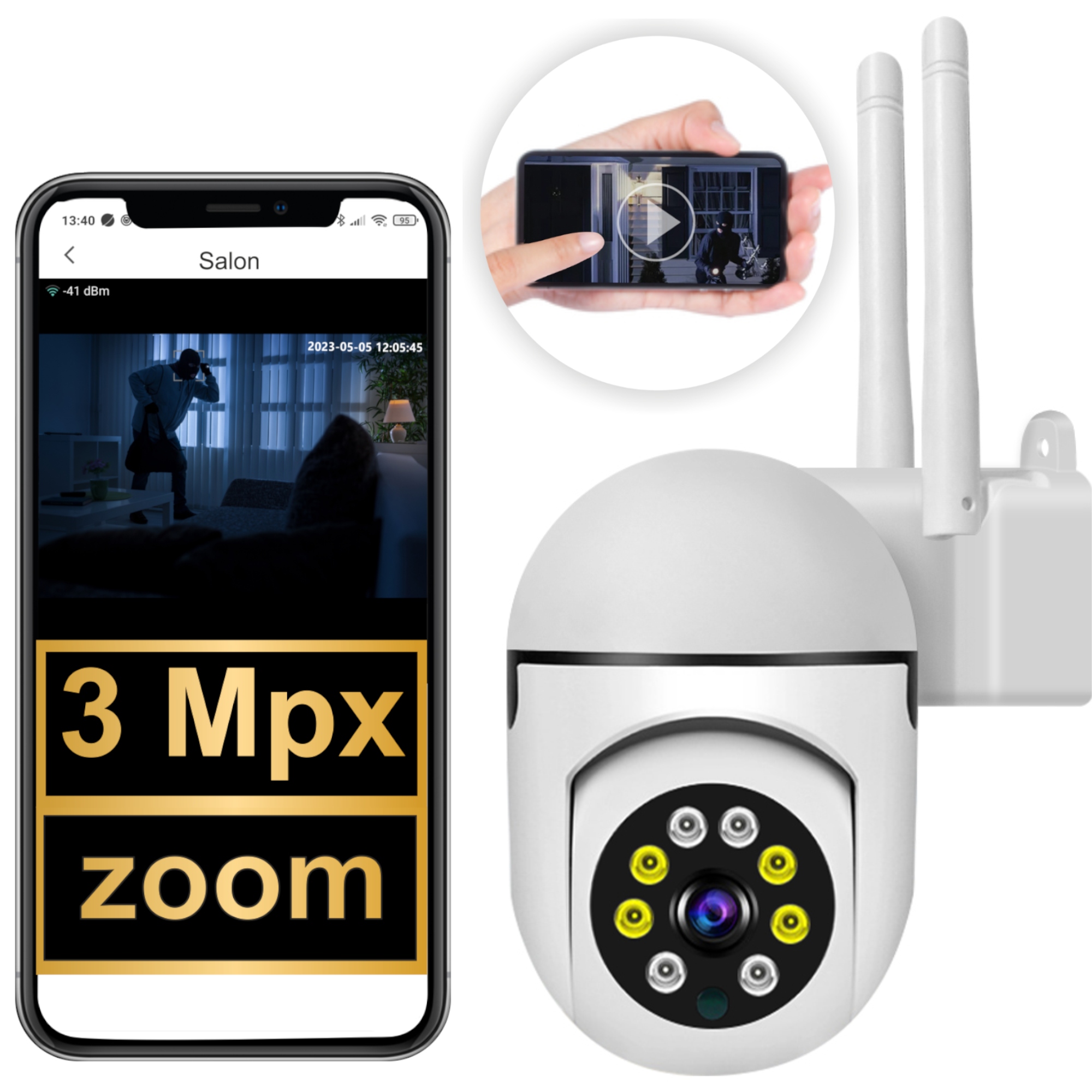 Kamera Zewnętrzna Wewnętrzna Obrotowa Ip WiFi 355 stopni Interkom 3MP Fhd