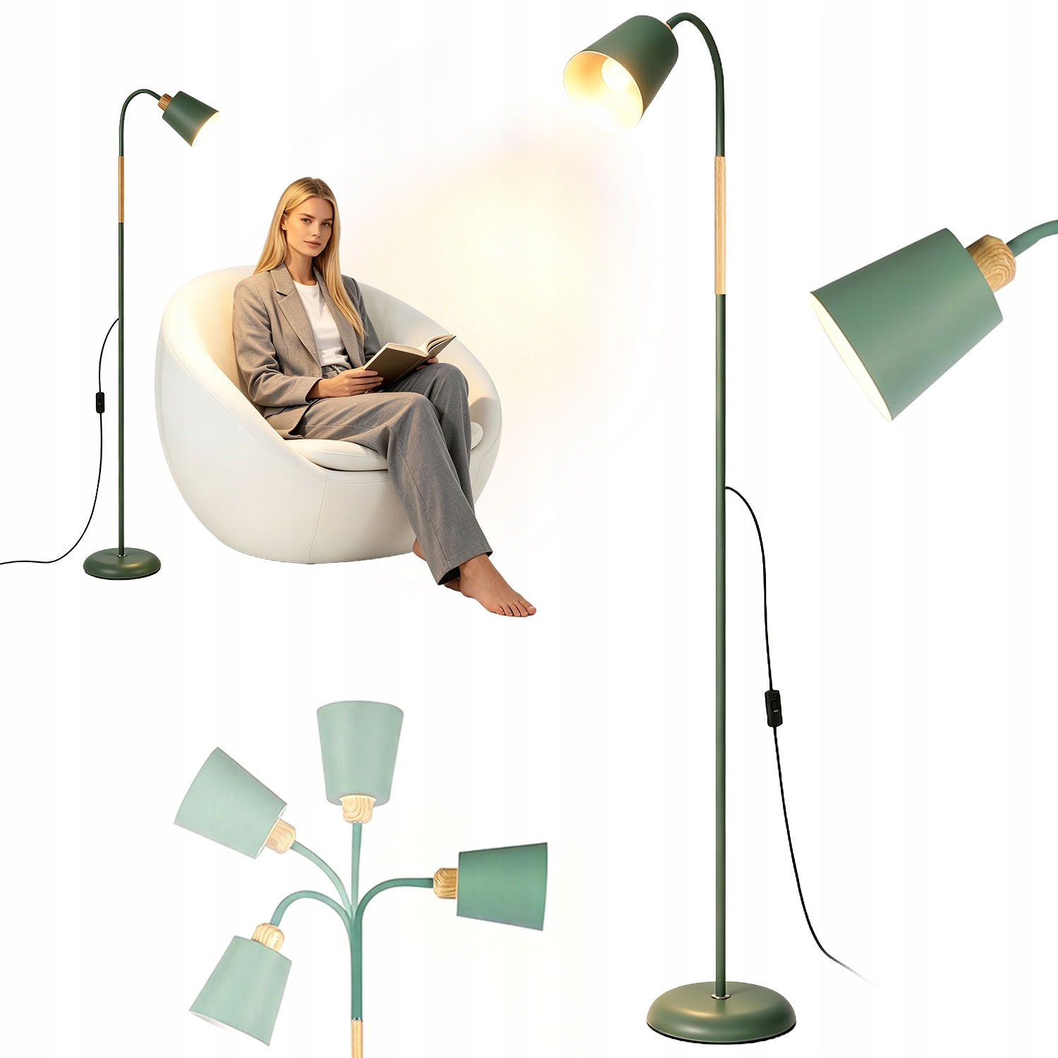 Lampa Podłogowa Do Salonu Stojąca E27 Giętka Szyja Zielona Metal 230V 60W