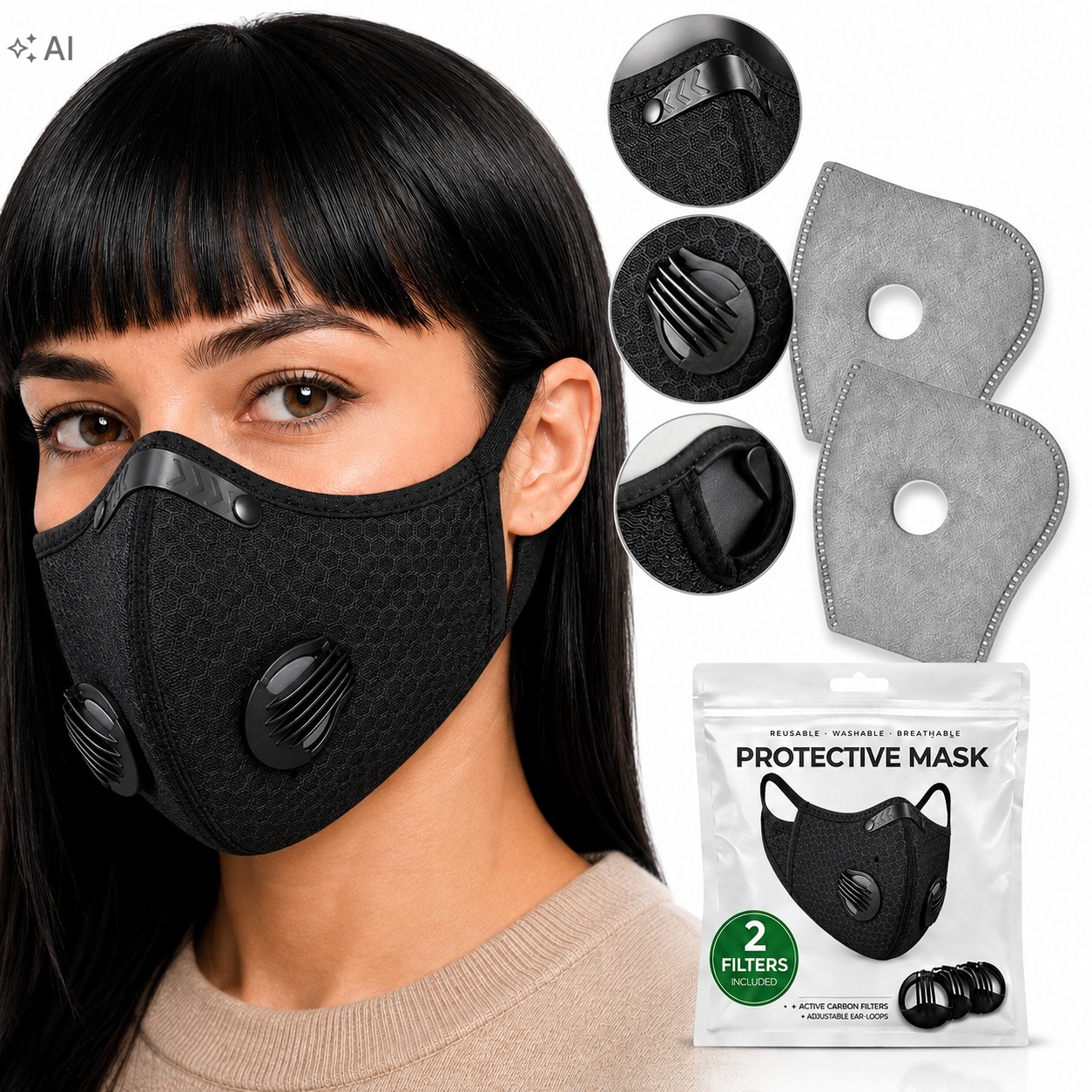 Maska Antysmogowa Materiałowa Antywirusowa Maseczka z Filtrami +2szt. PM2
