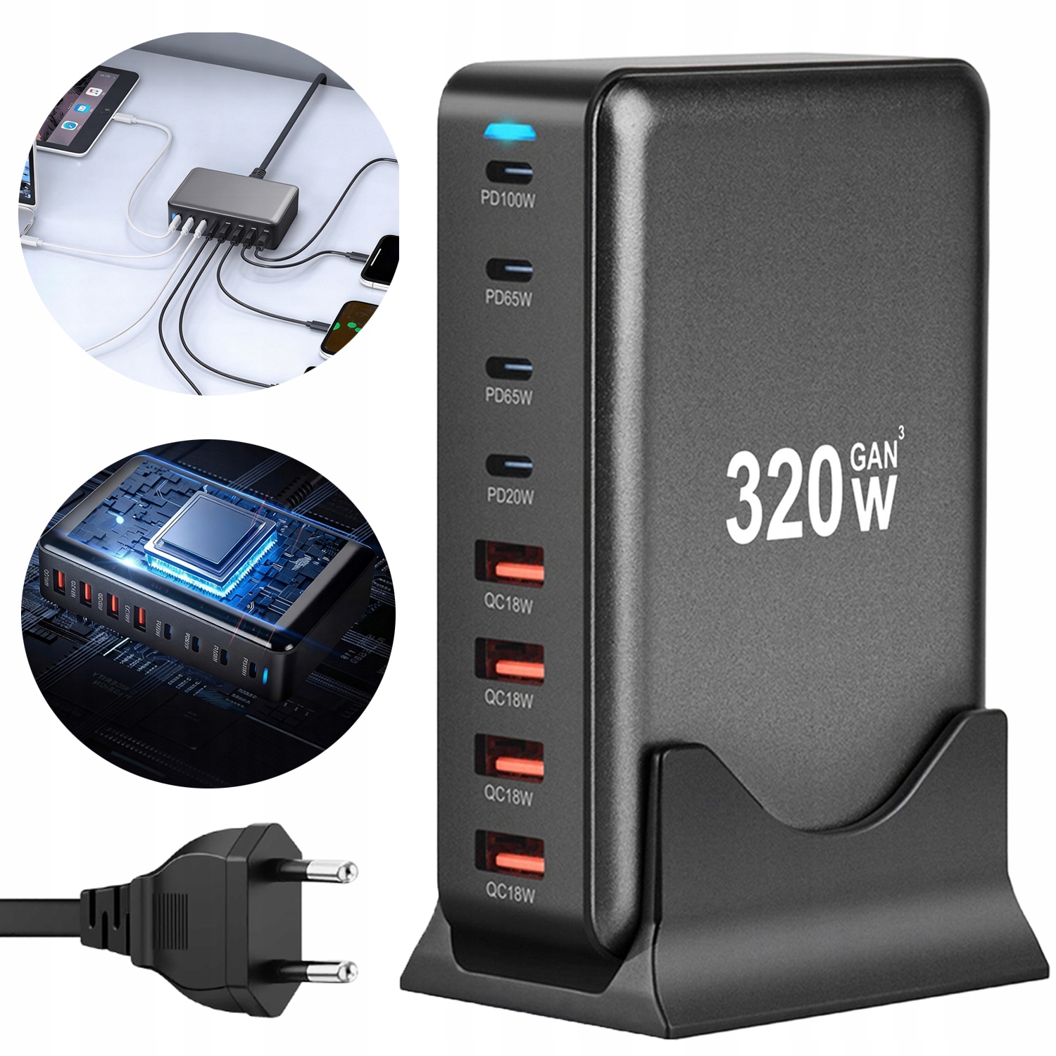 Ładowarka Wieloportowa 320W 4x Usb-c Pd 100W Do Biura i Domu