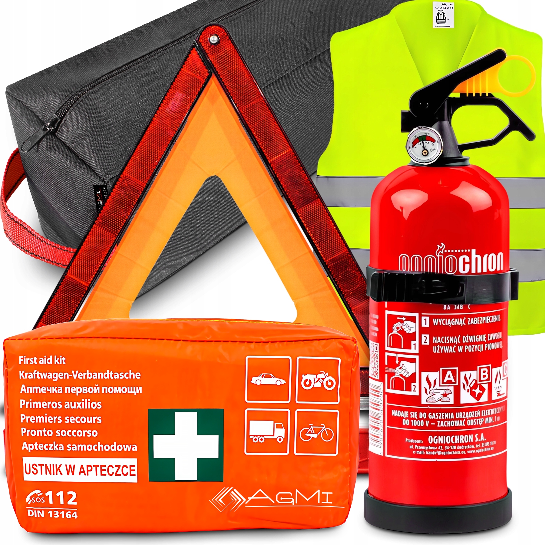 Agmi Sada Hasicí Přístroj S Manometrem 1 Kg Lékárnička Trojúhelníková Vesta Taška