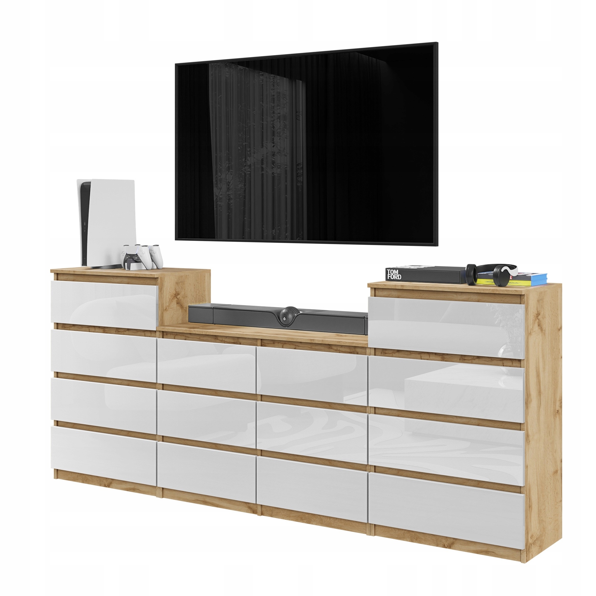 Komoda 220 CM Dub Wotan/bílý Lesk 14 Zásuvek, Sada Tří Komod, Obývací Pokoj