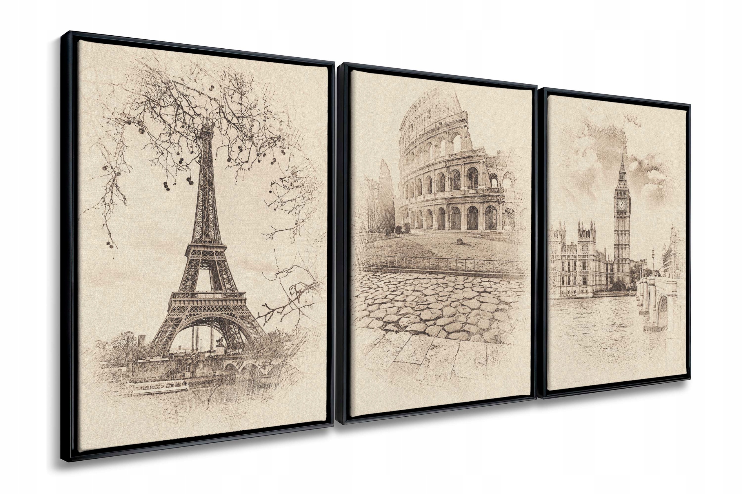Duży Tryptyk Vintage Szkic Paryż Rzym Londyn Retro Obrazy w Złotej Ramie