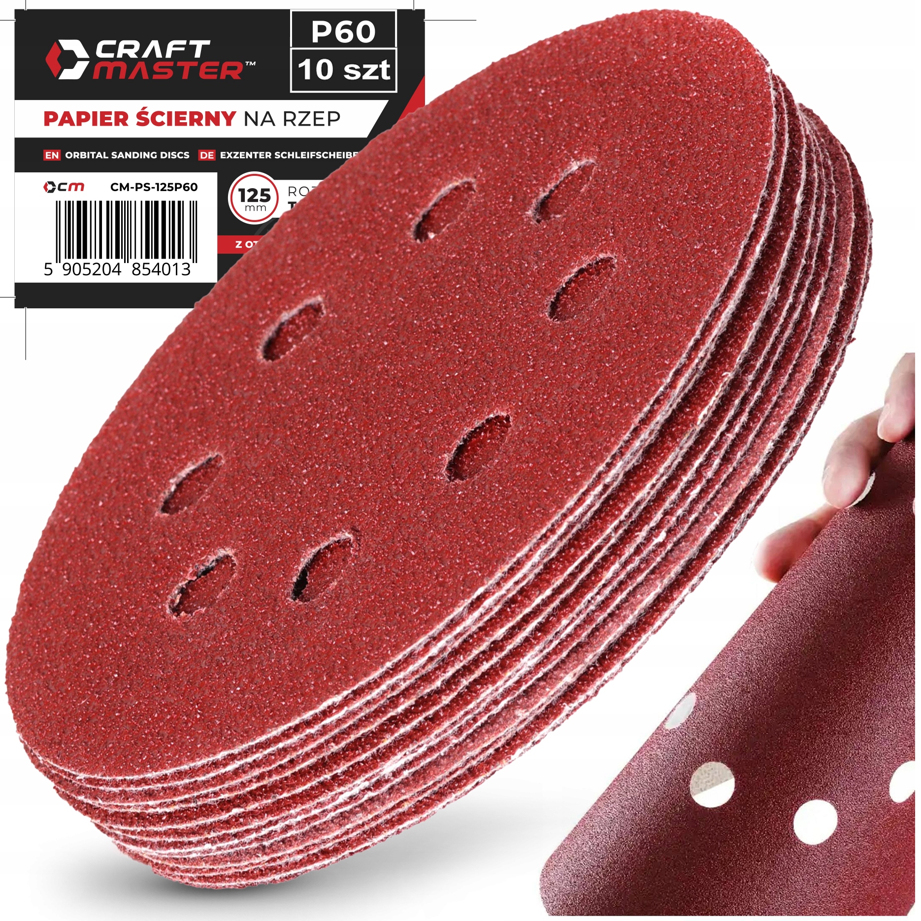 PAPIER ŚCIERNY NA RZEP 125 mm P60 KRĄŻEK Z OTWORAMI SZLIFIERKI ZESTAW 10szt