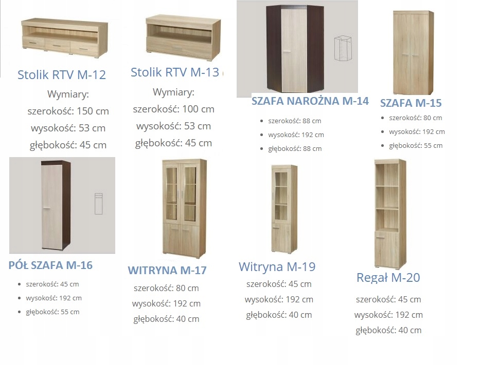 ZESTAW MEBLI 3 x KOMODA+SZAFA+WITRYNA dąb sonoma Głębokość mebla 55 cm