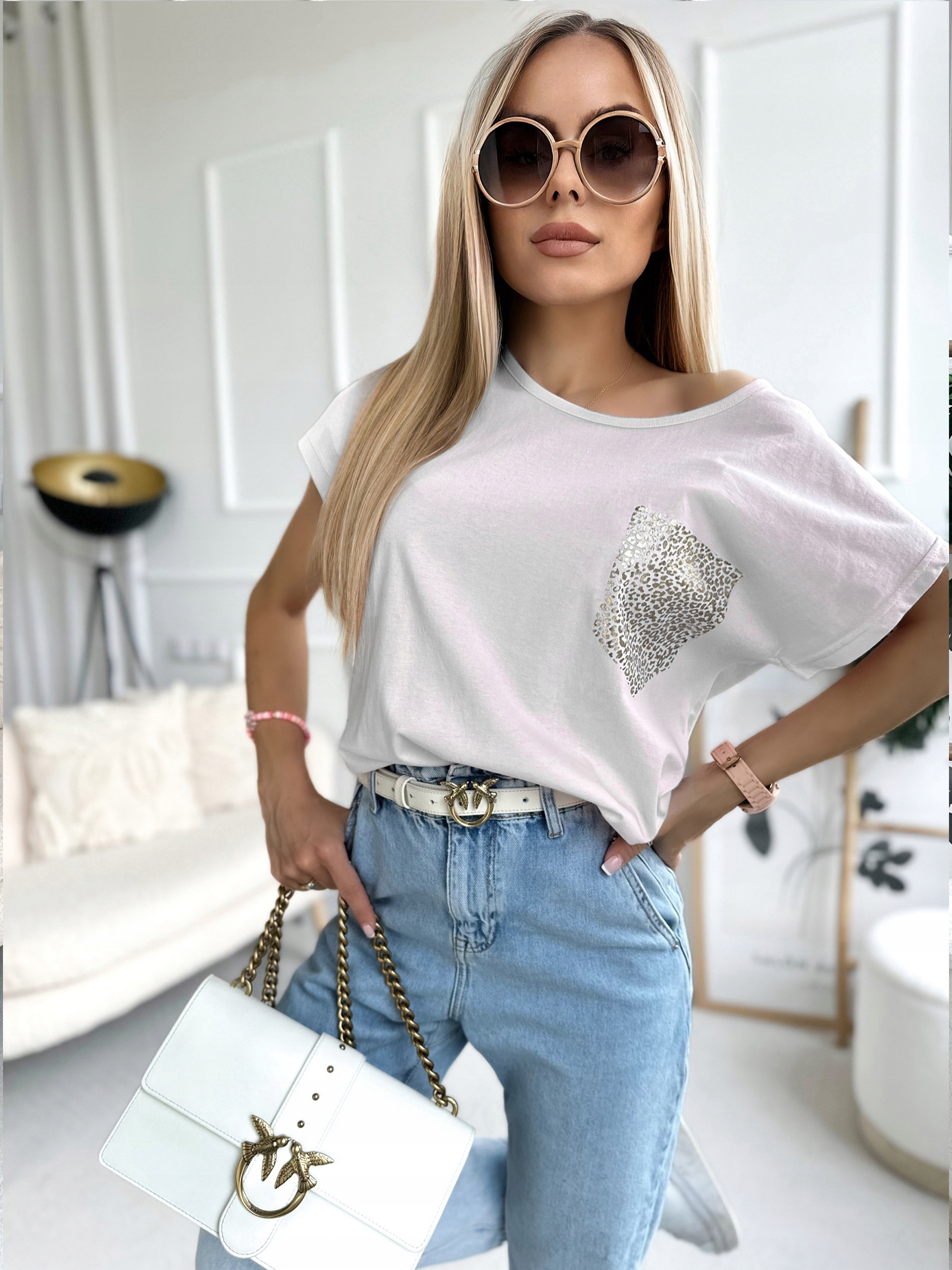 Stylowa kobieca luźna BLUZKA złoty nadruk modny print Rozmiar L