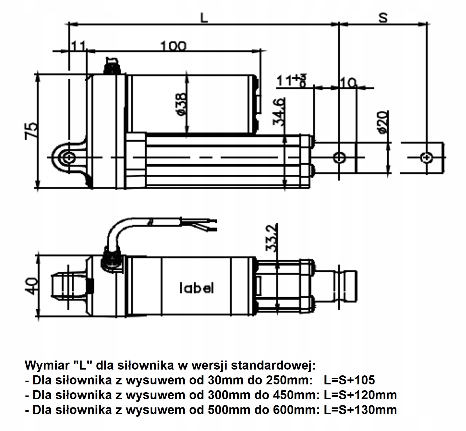 SIŁOWNIK ELEKTRYCZNY 12V 100mm 1000N IP66 7.2mm/s Kod producenta SL-RE801-12V1000N100-WP