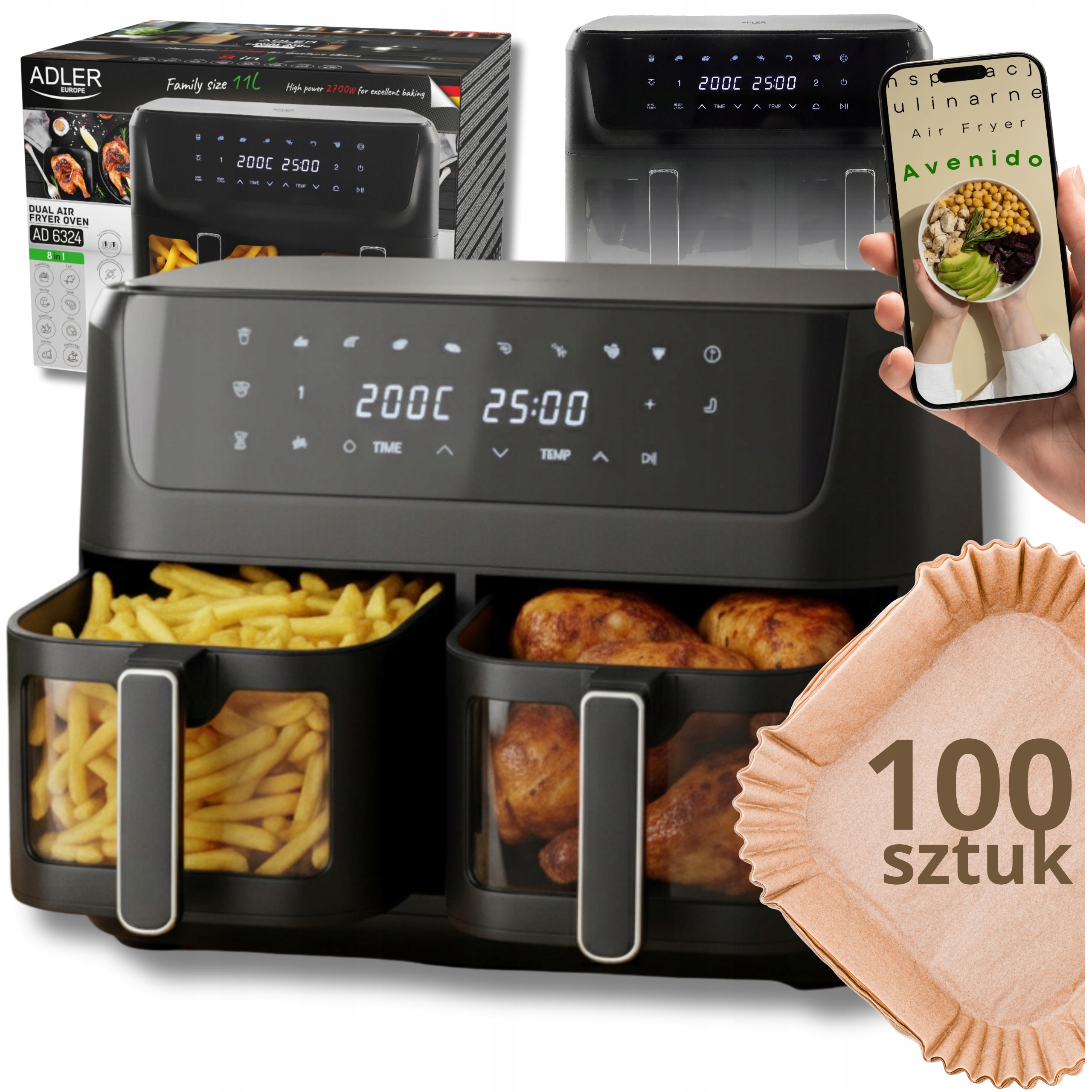 Beztuková dvoukomorová fritéza Adler 11L Air Fryer 2700W 8 programů