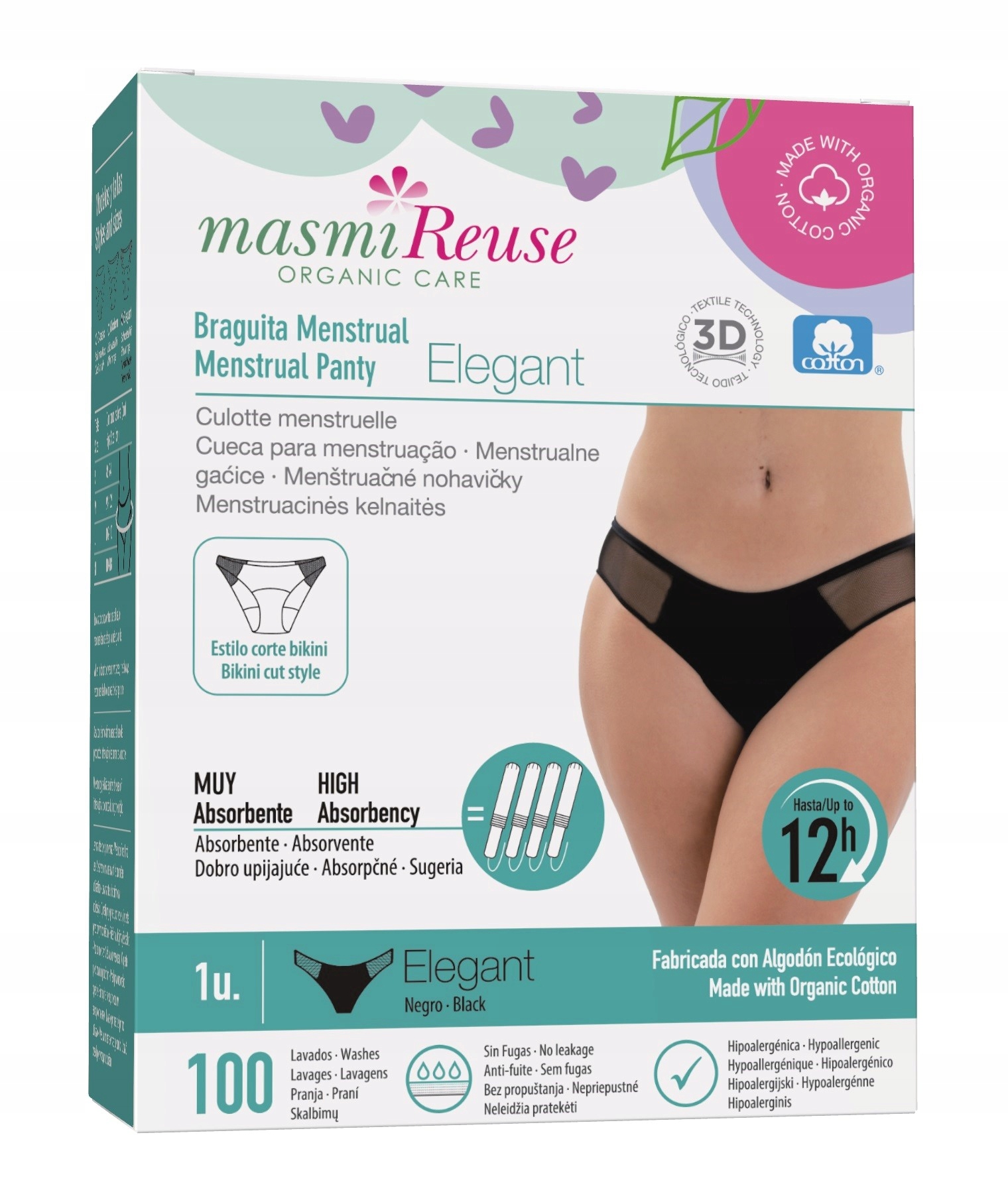 Masmi, majtki menstruacyjne Elegant 100% certyfikowanej bawełny, rozmiar XL