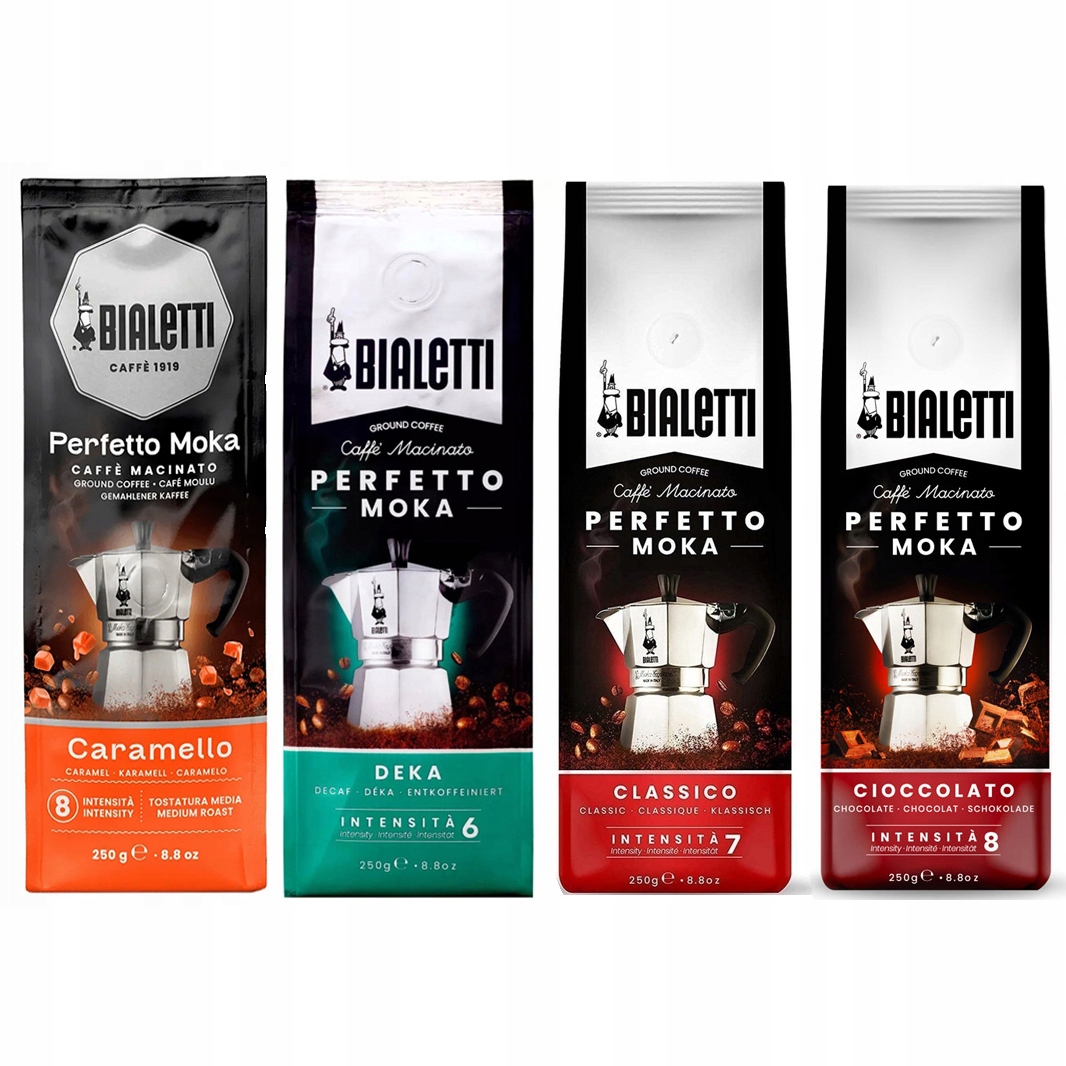 Kawa Bialetti Perfetto Moka Caramello Deka Classico Cioccolato 4x250g