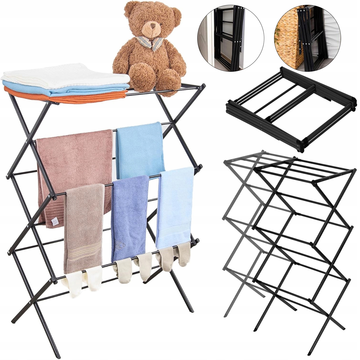 Levně Sušák Na Prádlo Oblečení Spodní Prádlo Vertikální Kovová Černá Skládací