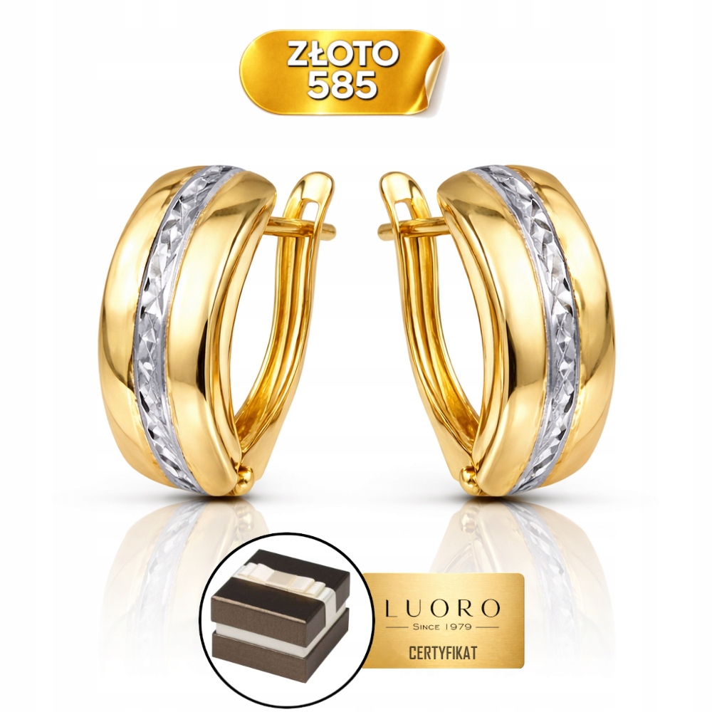 Náušnice Zlaté 585 14K Diamantové Dvě Barvy Zlatý Obdélník 1,5 CM