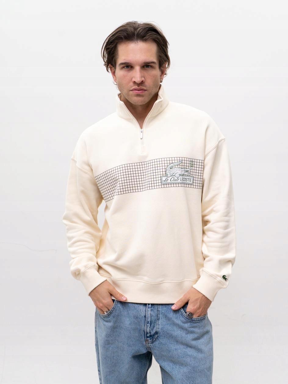 Mikina Bez Kapuce Se Stojáčkem Béžová Krémová Bavlněná Lacoste Half Zip S