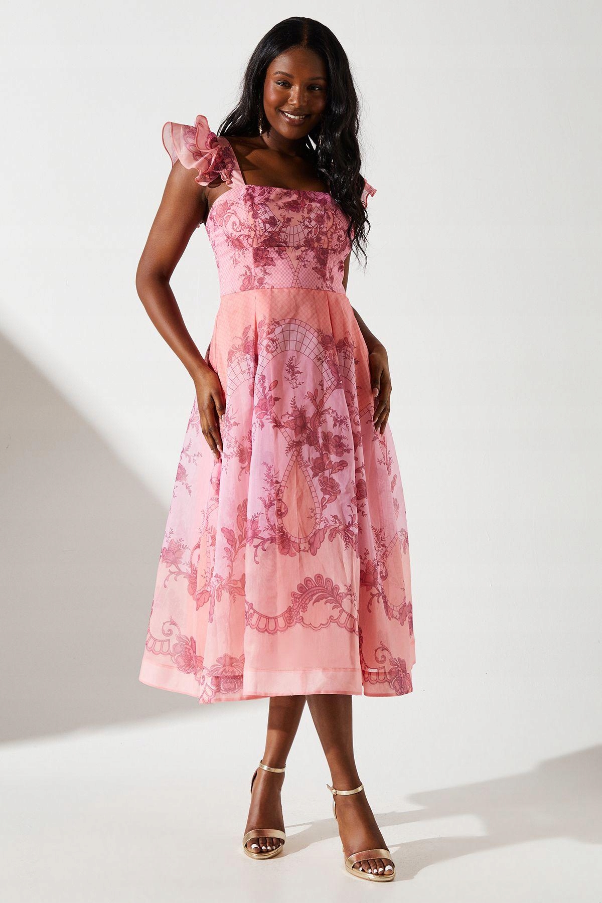 KC62202 Coast Vzorovaná Elegantní Šaty MIDI Volánová (33) M