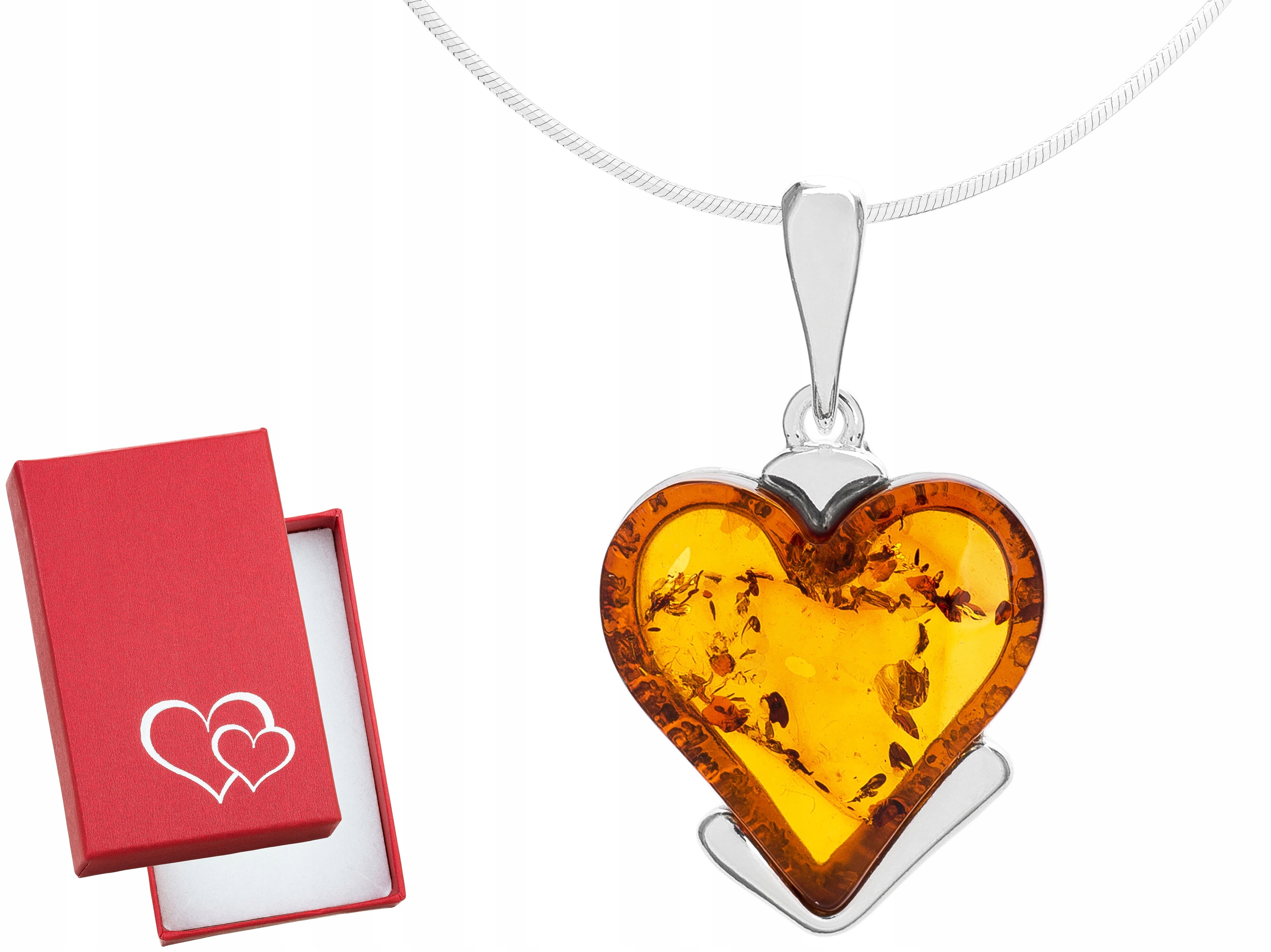 Krátký Stříbrný Dámský Náhrdelník Srdce s Jantarem Srdíčko Jantar 45 cm