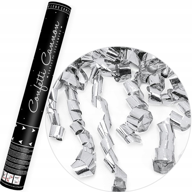 TUBA STRZELAJĄCA KONFETTI SREBRNE METALICZNE SERPENTYNY NA ŚLUB WESELE 40CM