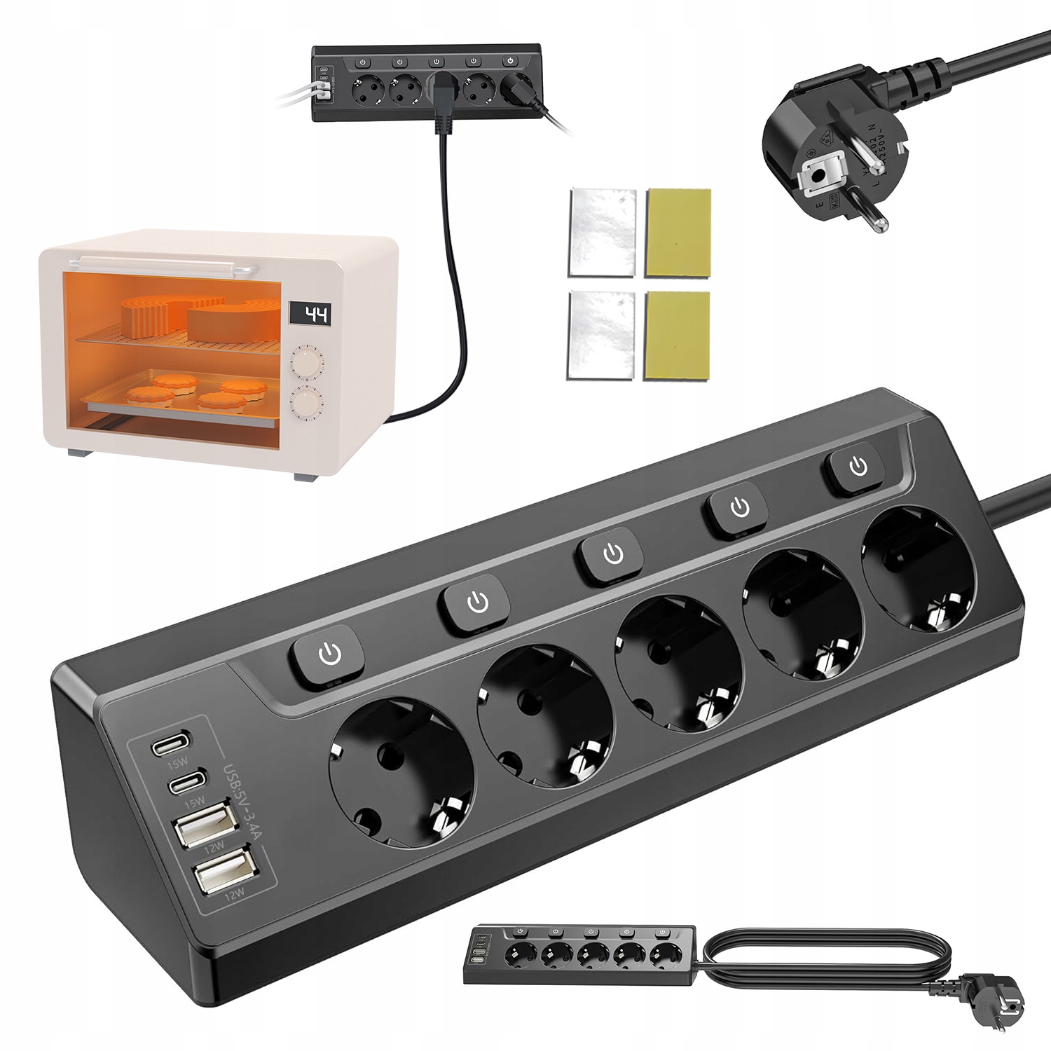 Zásuvková Lišta Univerzální 5 Zásuvek 4 Porty Usb Design 45°