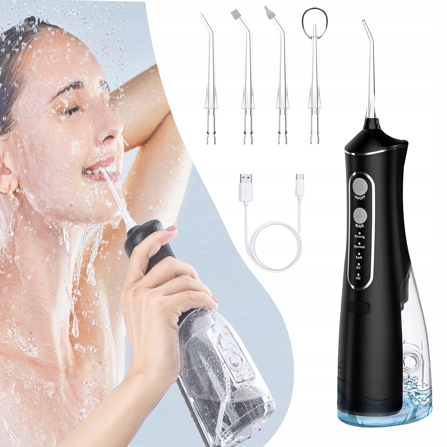 Irygator Do Zębów Bezprzewodowy Czarny 6 Dysze 4 Poziomów IPX7 300ML