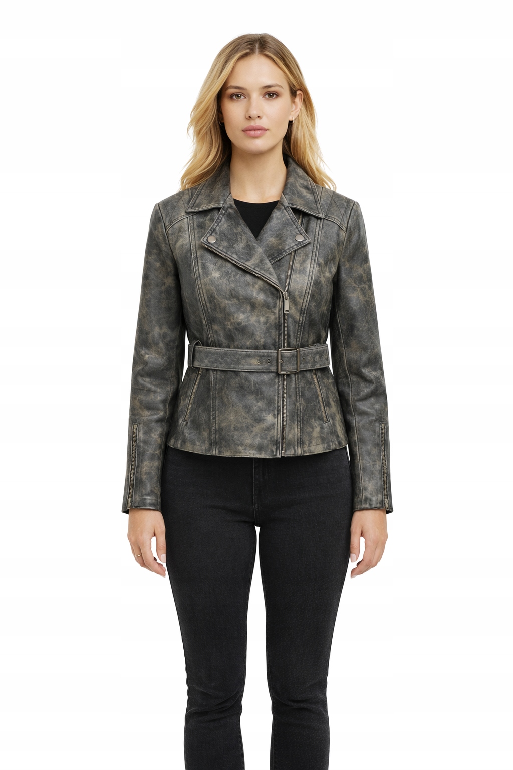 Gestuz Dámská Kožená Bunda Šedá S Páskem Ramoneska 36 I1I