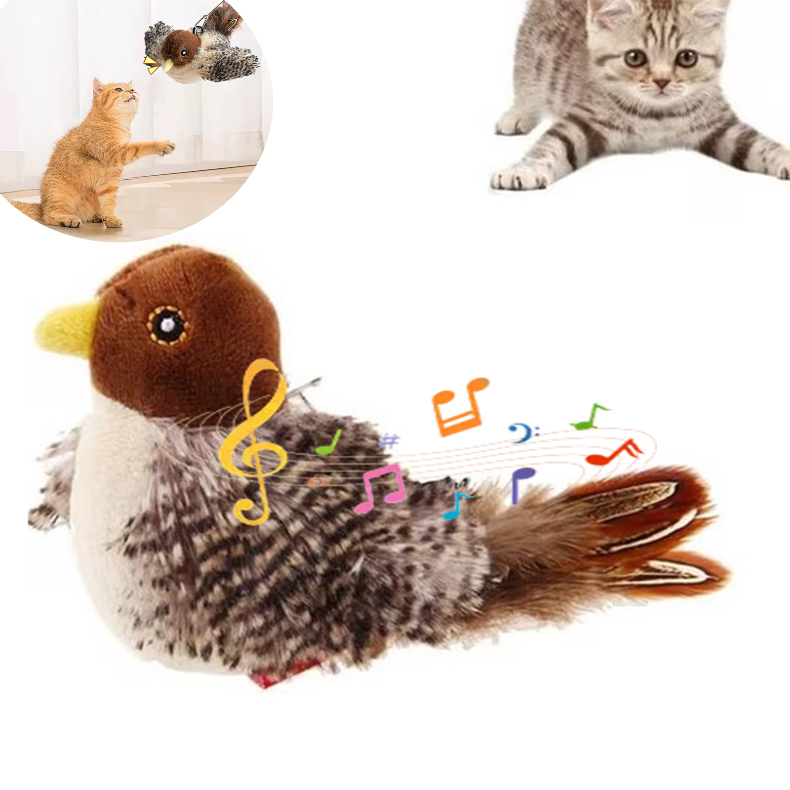 Levně Hračka Pro Kočky Interaktivní Plyšový Ptáček S Pohybem A Zvukem