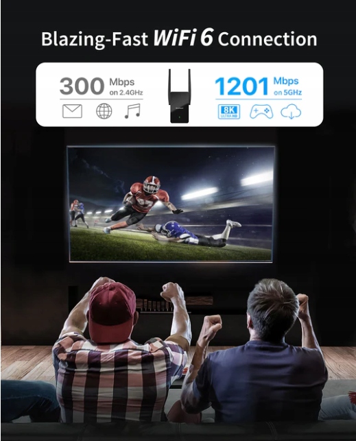 BrosTrend AX1500 wzmacniacz sygnału WiFi 6 1201Mbps 5Ghz 300Mbps 2,4Ghz Standard pracy bezprzewodowej 802.11ax (Wi-Fi 6) 802.11ac (Wi-Fi 5) 802.11n (Wi-Fi 4) 802.11g 802.11b 802.11a