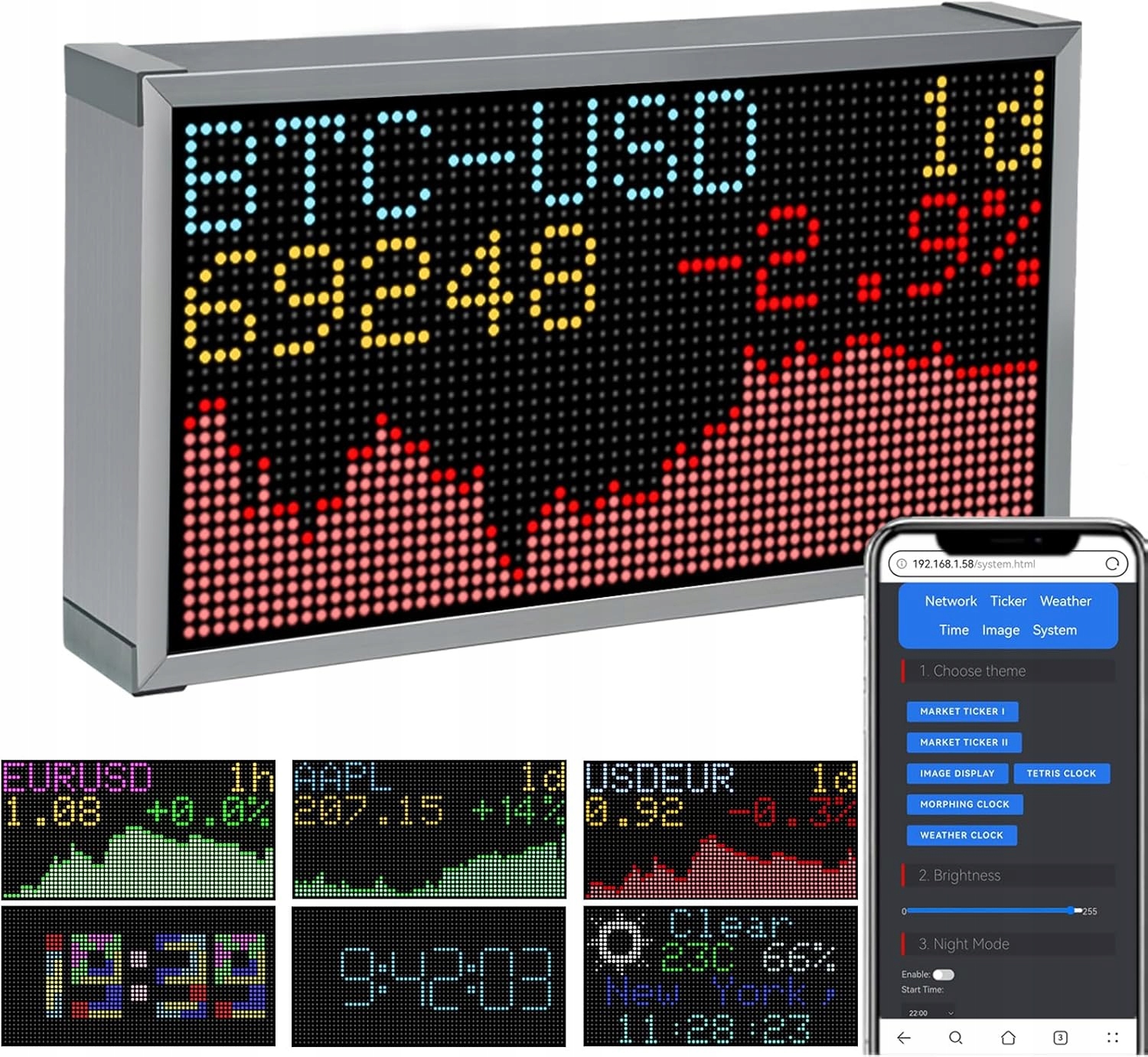 Digitálny hodinový strojček Crypto Ticker s monitorom kurzov kryptomien a počasia 64x32px